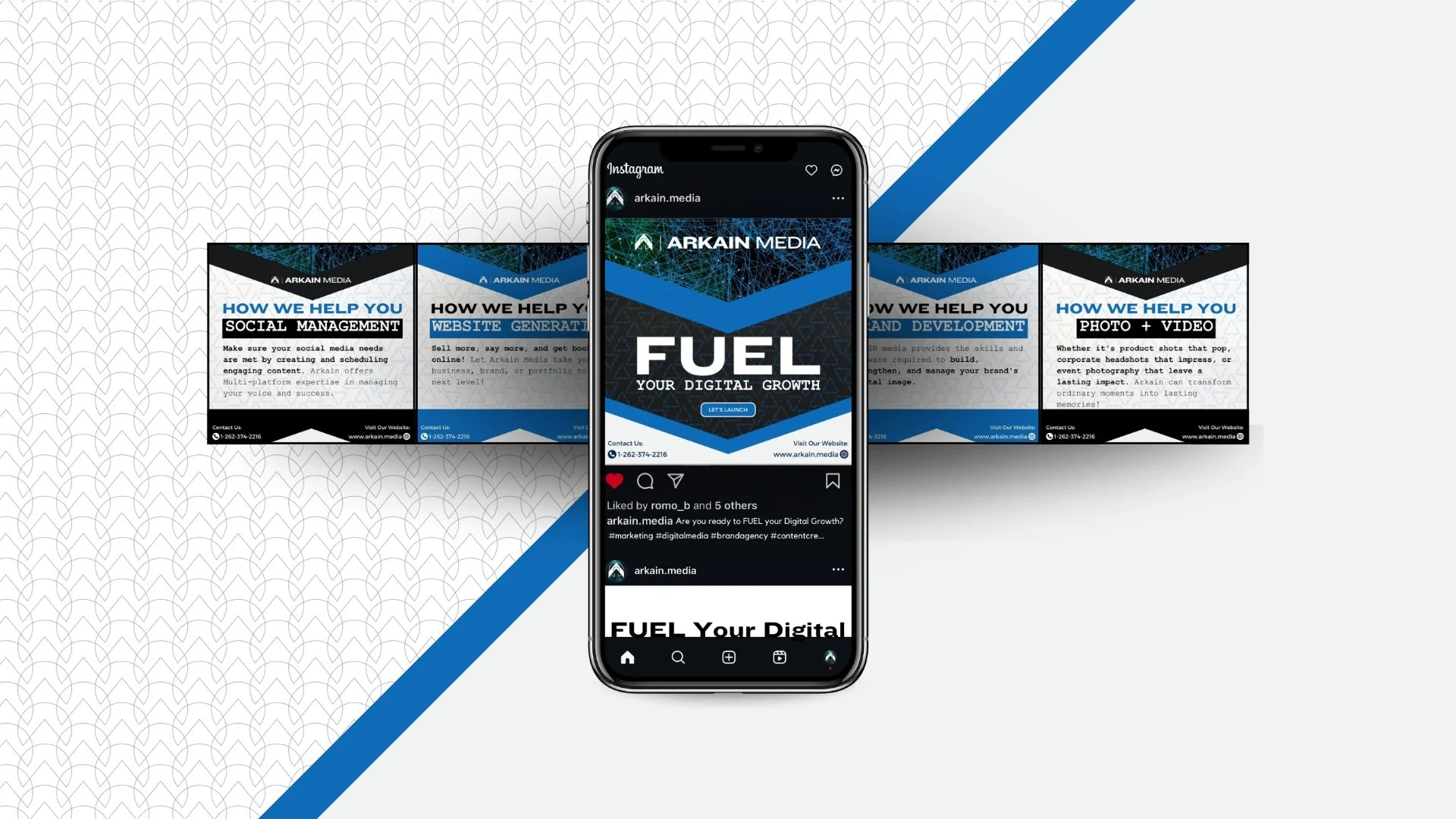 Mockup of a phone and social posts promoting Arkain Media's services in Photography, Video, Branding, Social Management, Advertising, and Marketing.