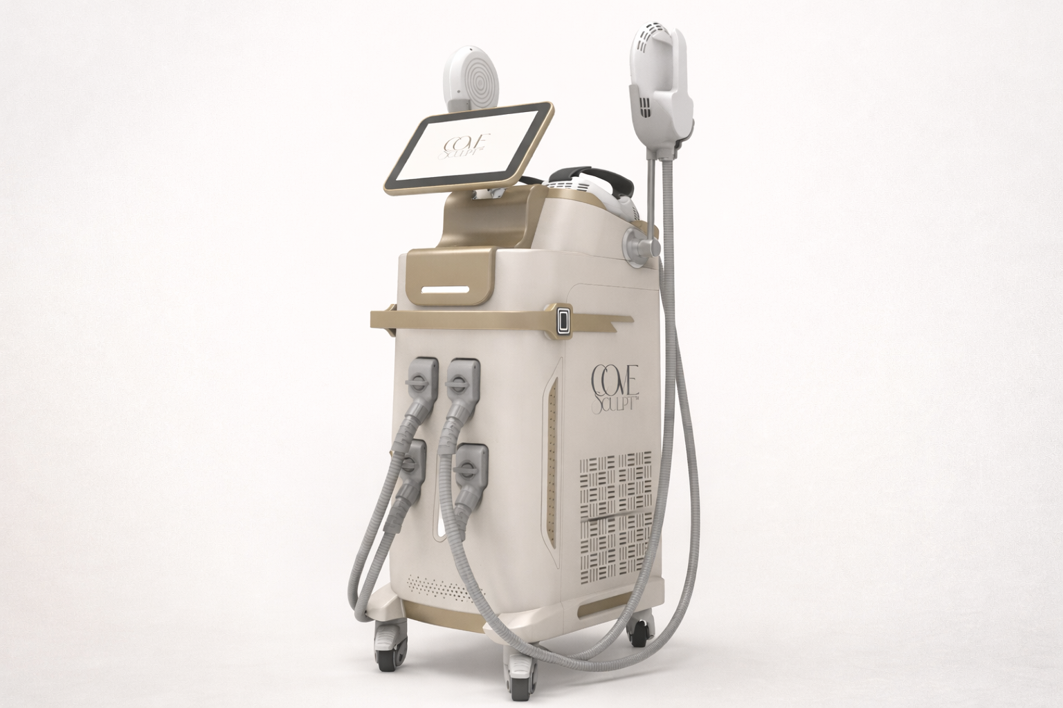 A modern medical or cosmetic laser device with multiple attachments and a touchscreen display on a white background.