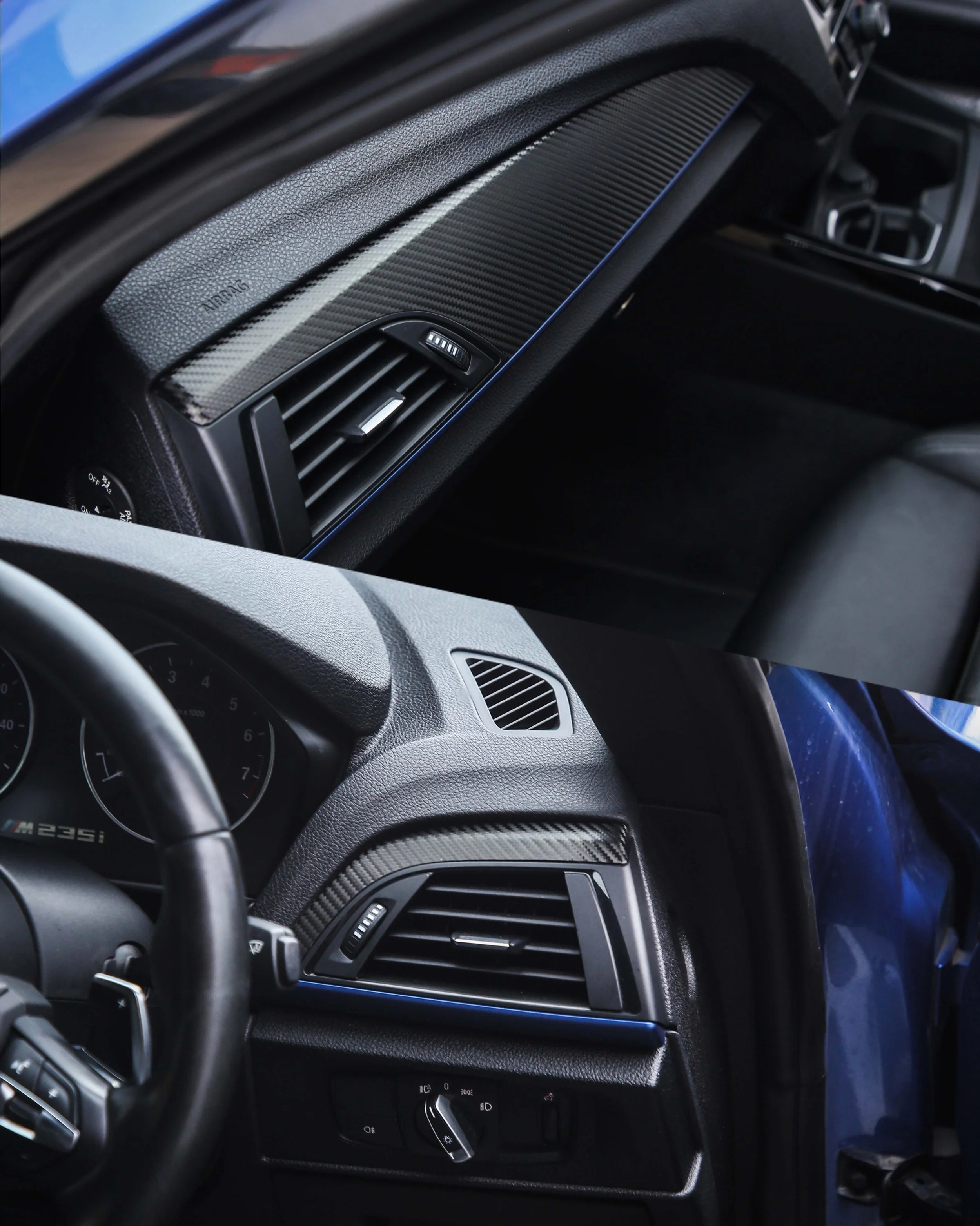 bmw m235i 2 series f22 interior trims wrapped in 3M black textured carbon fibre