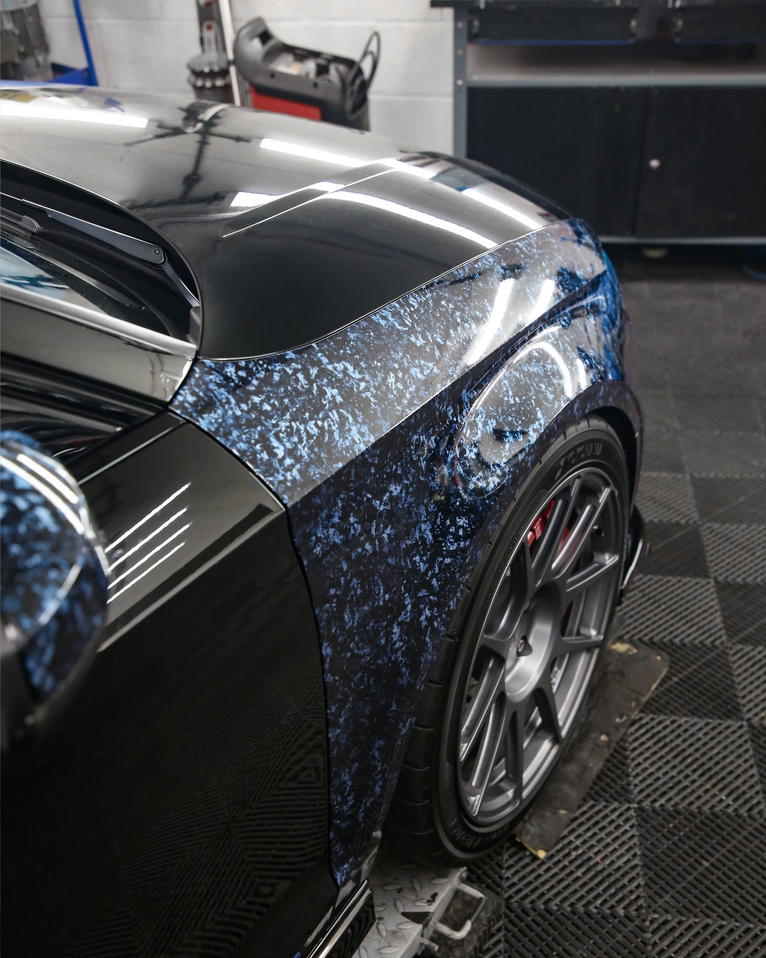 audi RS3 8V front wings and wing mirrors wrapped in 3M high gloss blue forged carbon fibre wrapping vinyl