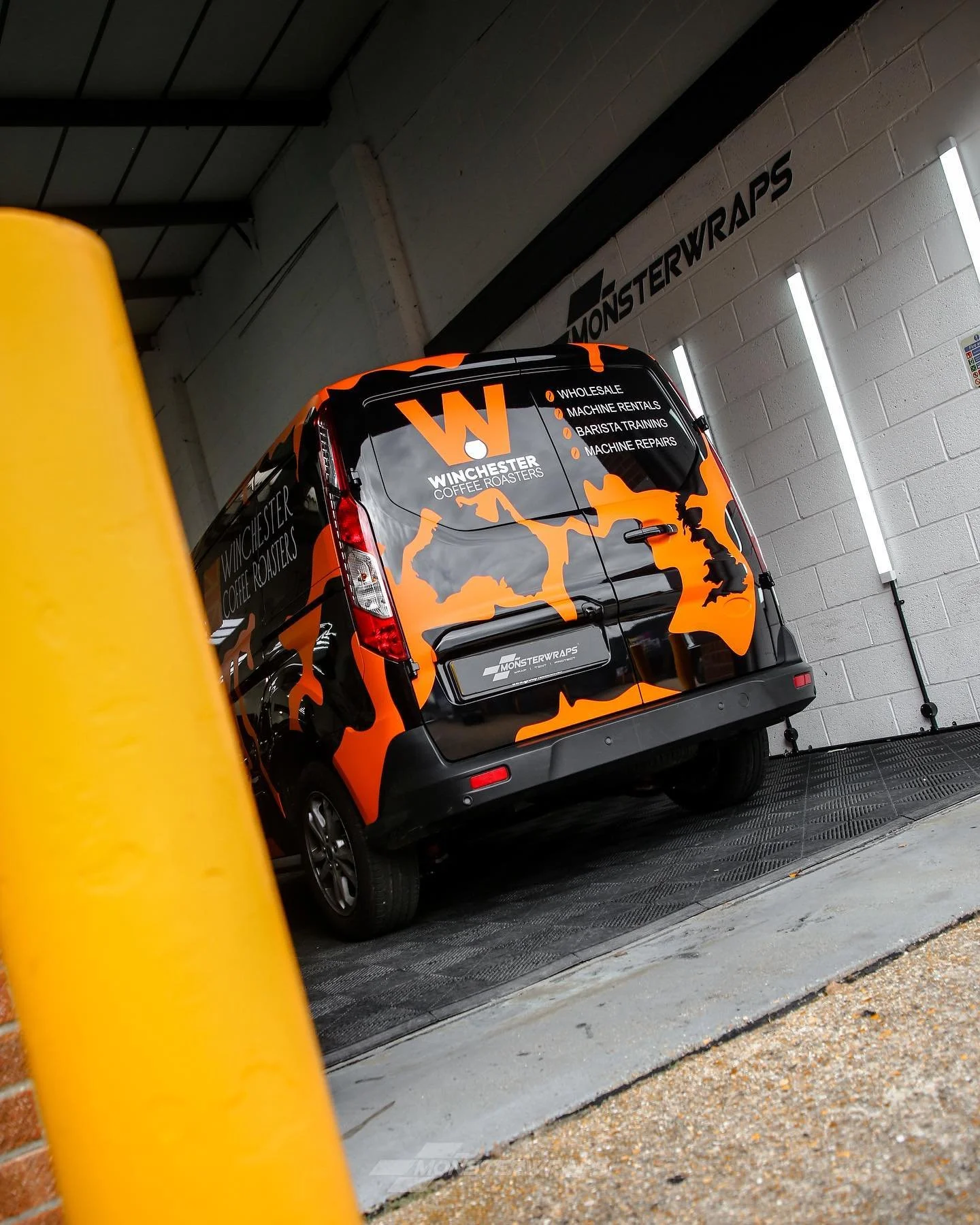 Winchester Coffee Roasters Ford Transit Connect full custom Bright Orange camo wrap