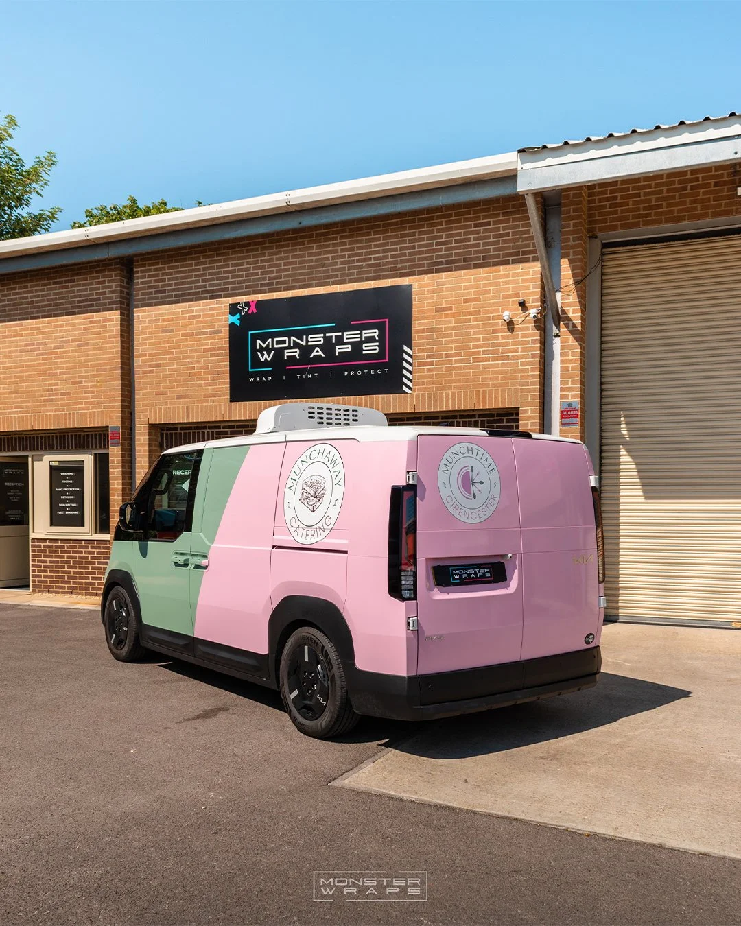 Munchtime Catering brand new Kia PV5 two-tone half and half green and pink commercial branded wrap