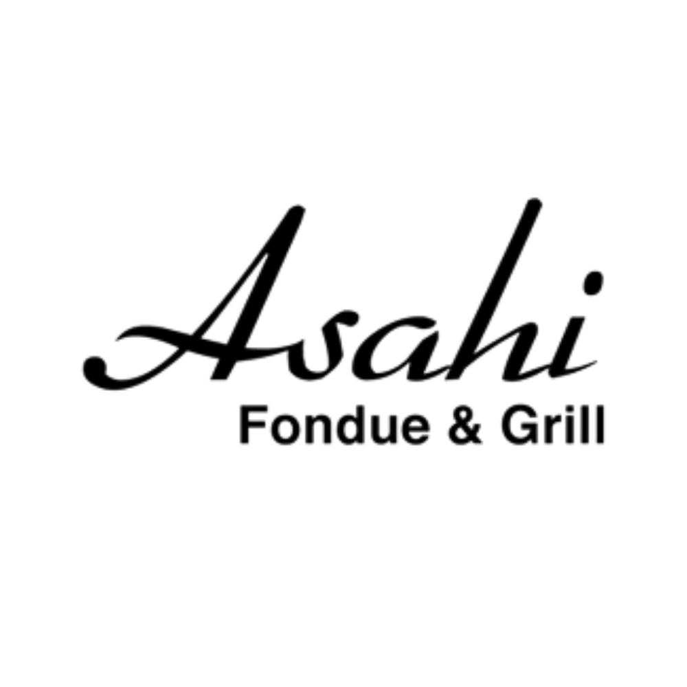 Logo of Asahi Fondue & Grill in cursive and bold lettering on a white background.