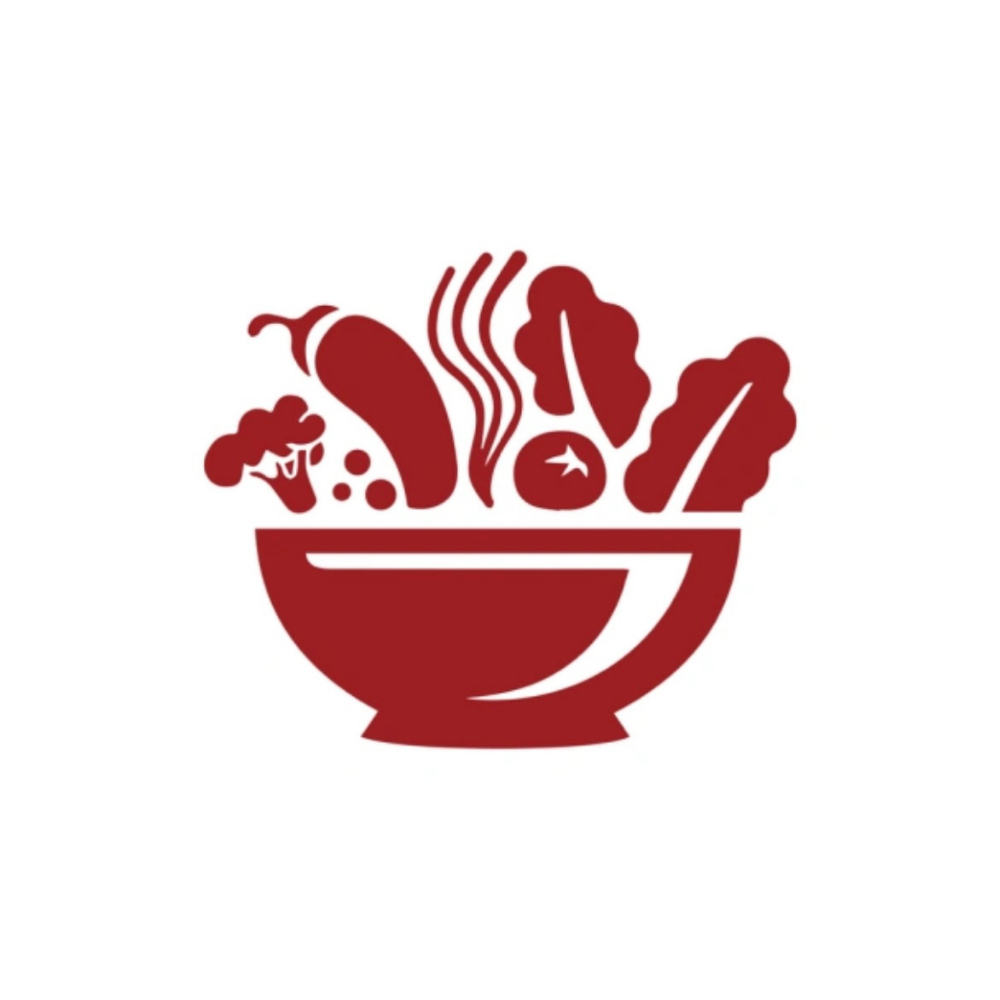Red graphic of a bowl with vegetables, including pepper, broccoli, tomato, and leafy greens.