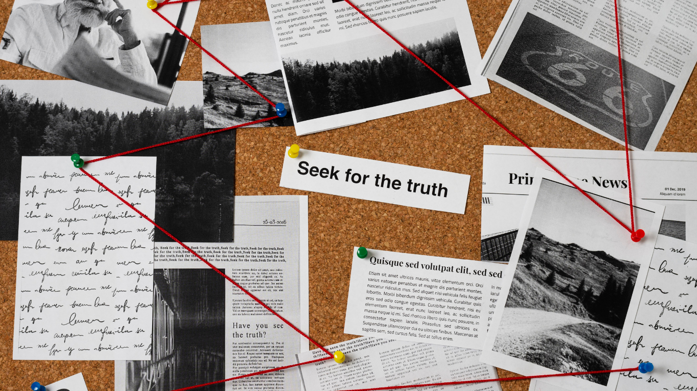 Corkboard with pinned photos, newspaper clippings, and a note saying "Seek for the truth," connected by red string.