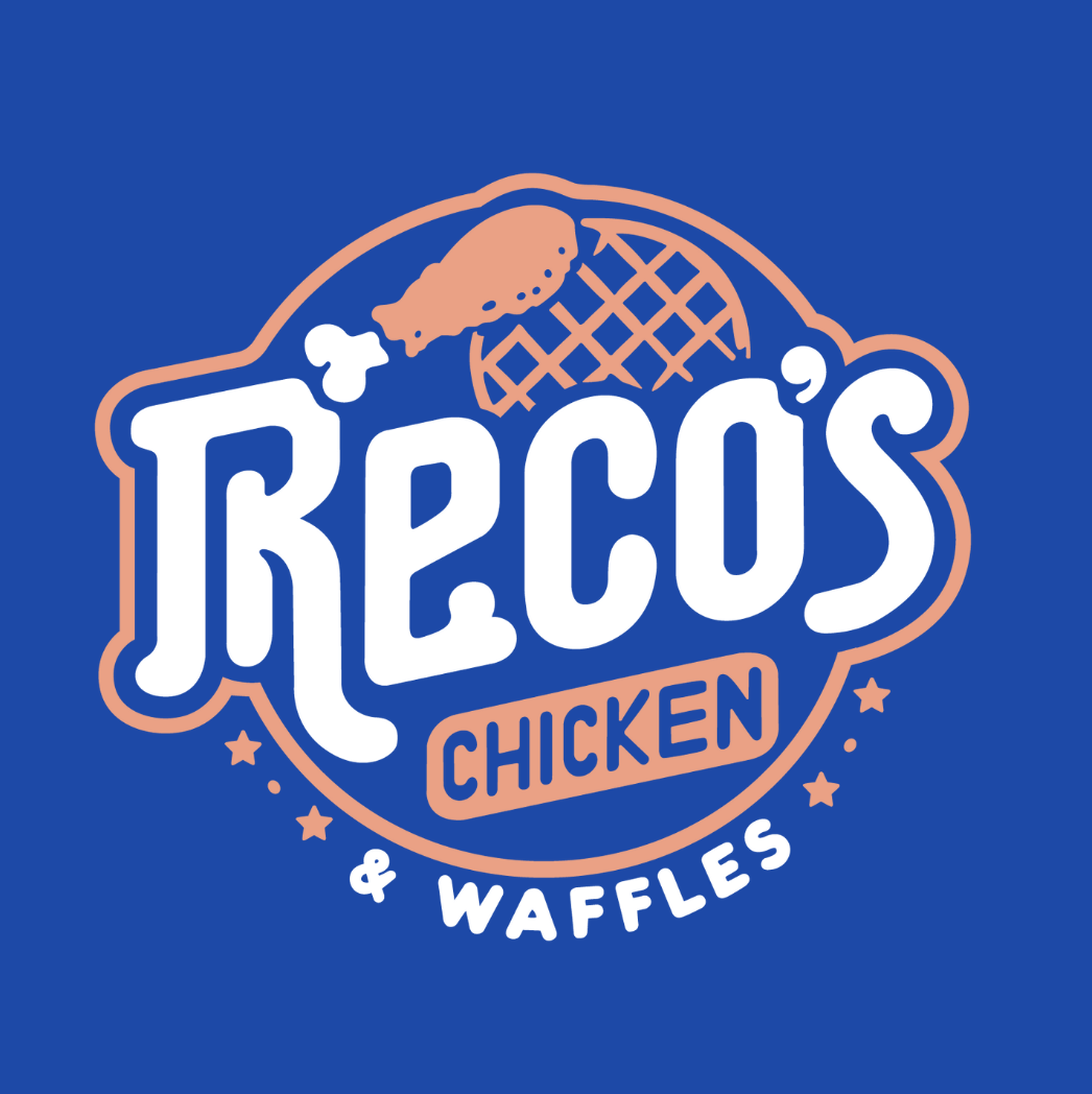 Logo of Reco's Chicken & Waffles featuring a chicken drumstick and waffle design on a blue background.