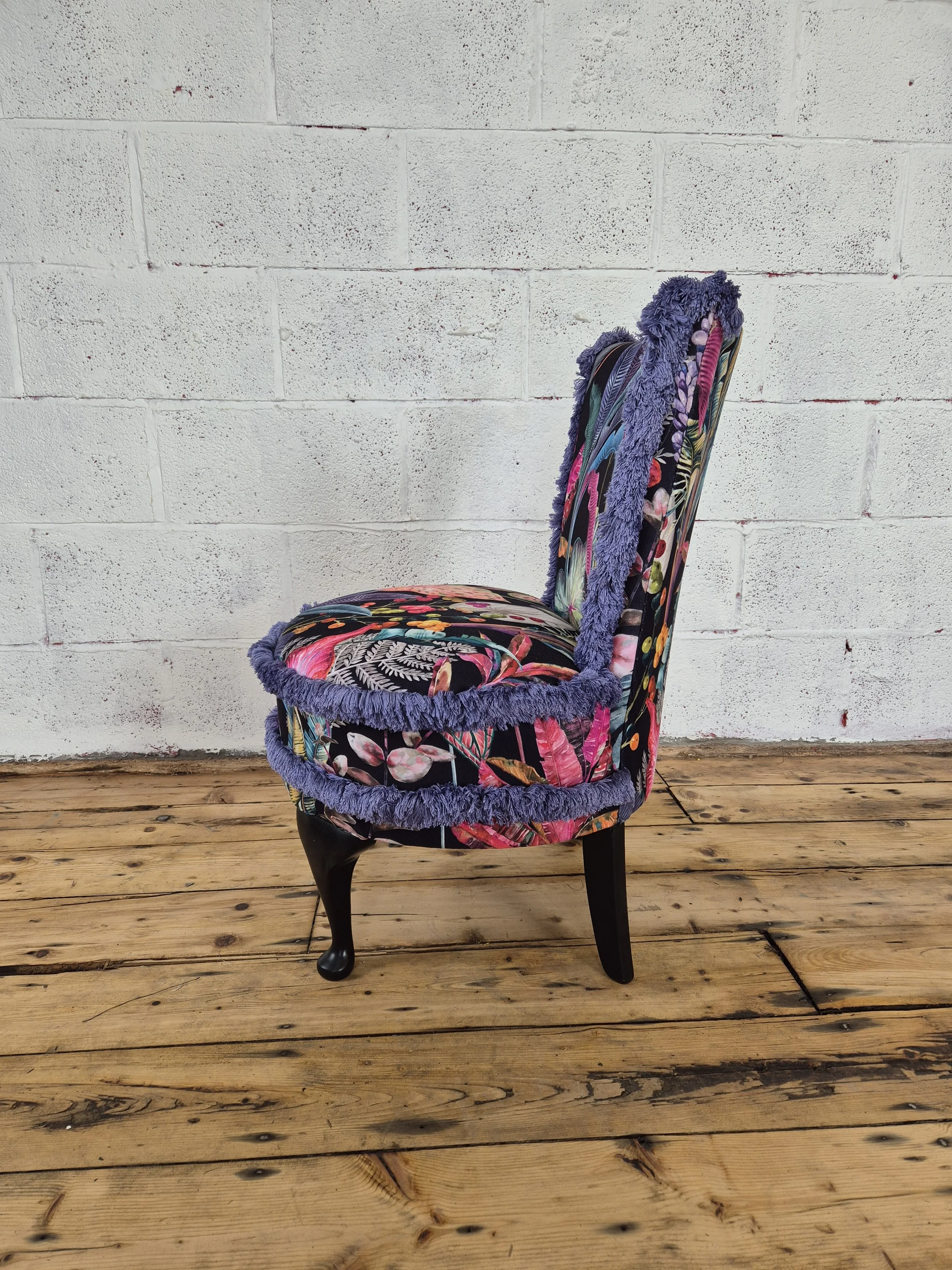 1930s cocktail chair reupholstered in bright botanical fabric