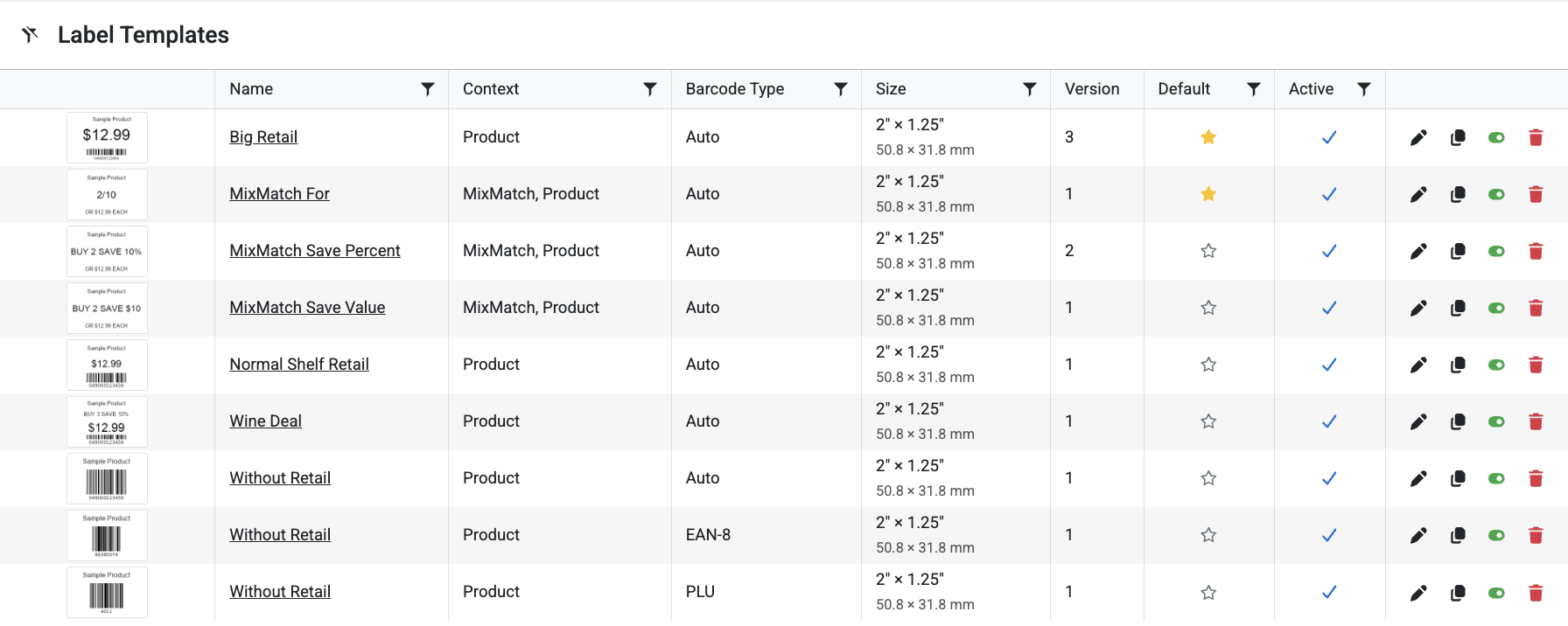 Screenshot of CoreVue Label Designer back office showing a “Label Templates” table with configurable retail label types for convenience stores and gas stations, including size, barcode type, status, and edit options for flexible template management.