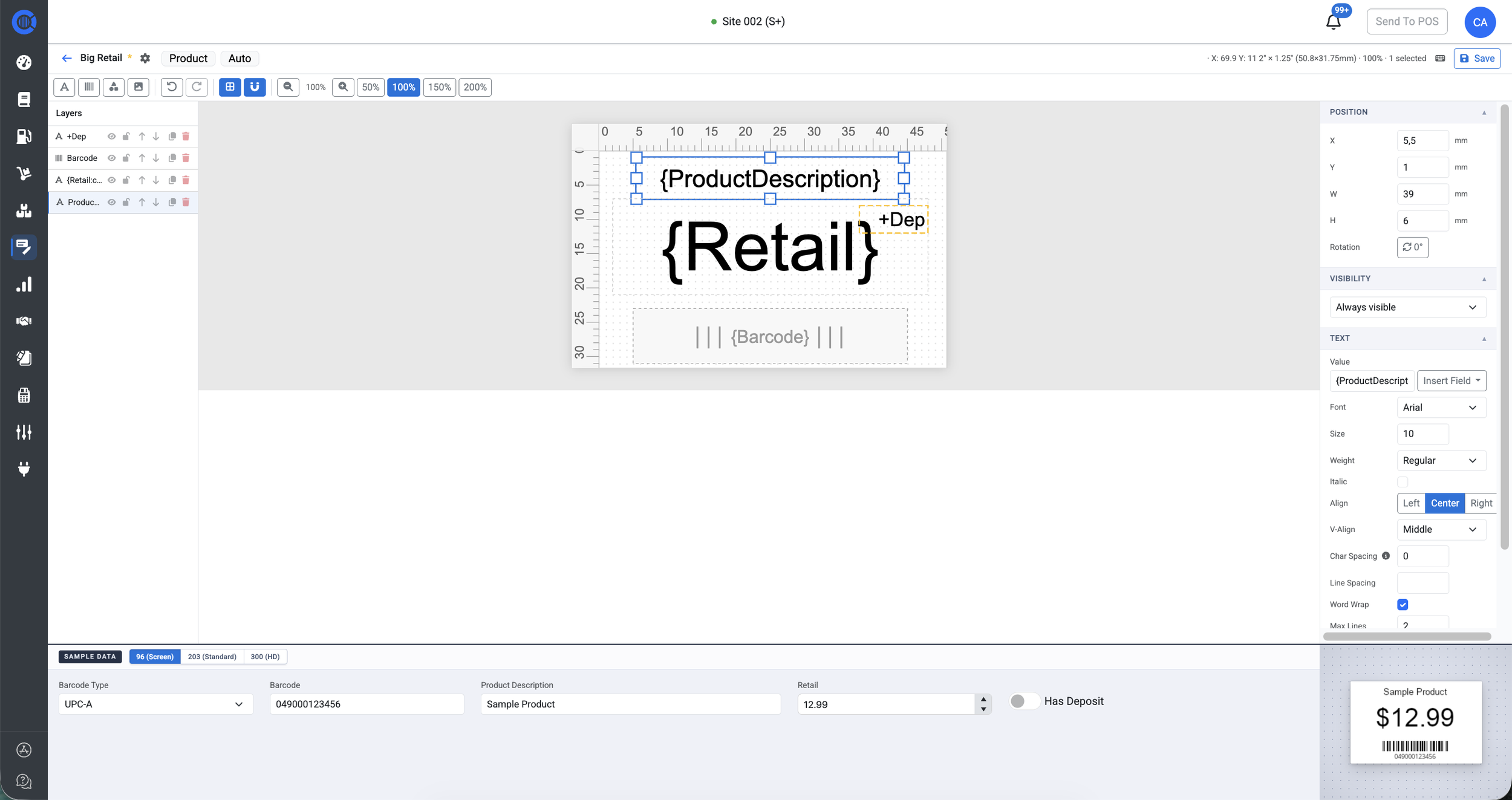 Screenshot of CoreVue product label design interface in a c-store back office, showing a label layout editor with placeholders for product description, retail price, barcode & type, including a sample barcode and price for visual preview.