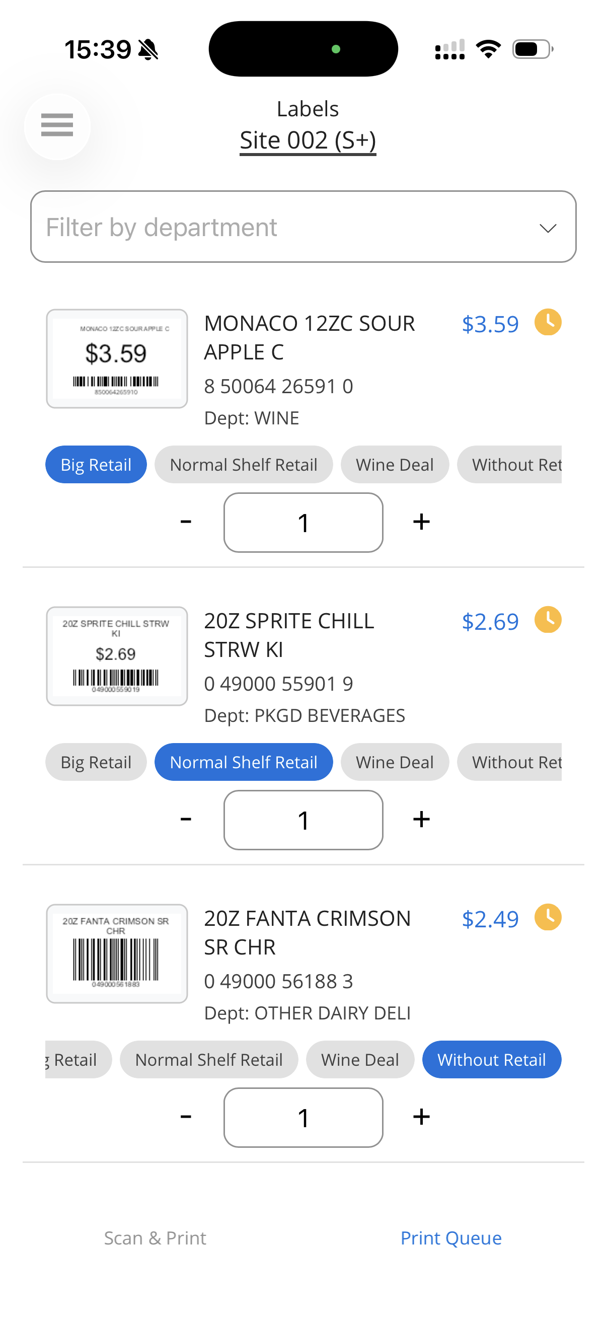 Screenshot of CoreVue mobile print queue interface for c-stores and gas stations, showing a list of  products with prices, departments, and quantities, along with assigned label templates for each item to prepare and manage label printing