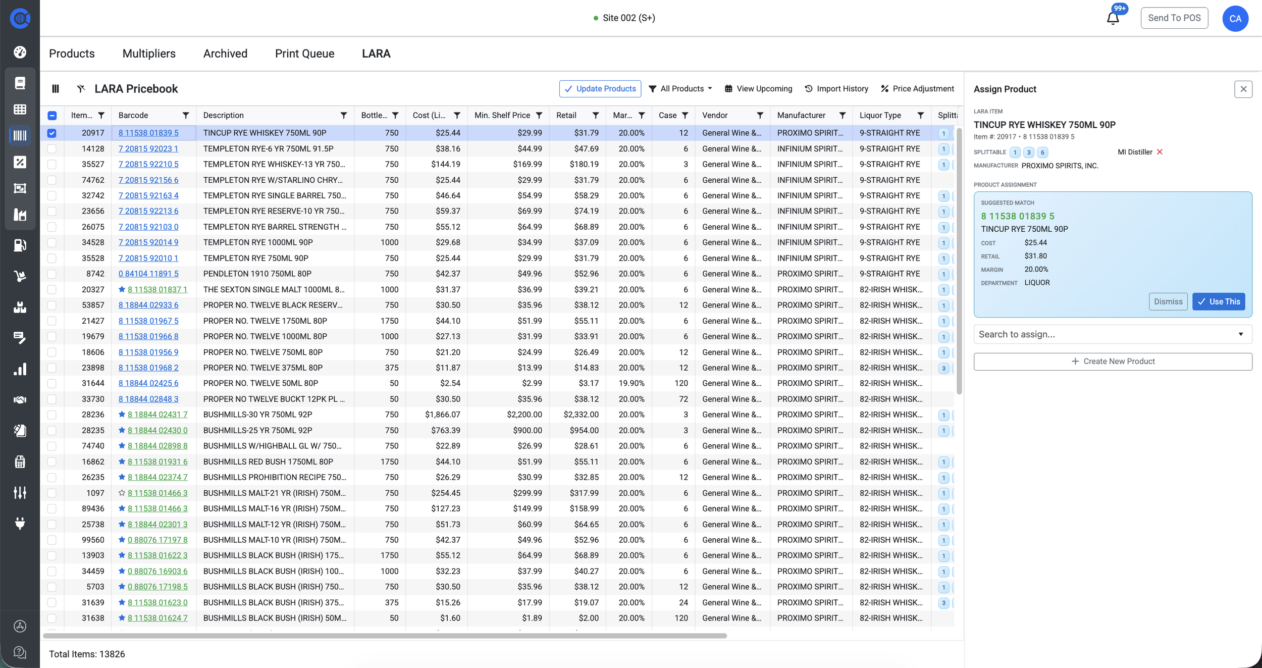 CoreVue LARA pricebook for Michigan liquor retailers showing alcohol products with barcode, size, cost, and retail price, with an open Product Assignment and Matching sidebar for linking LARA items to CoreVue products and managing barcode matches