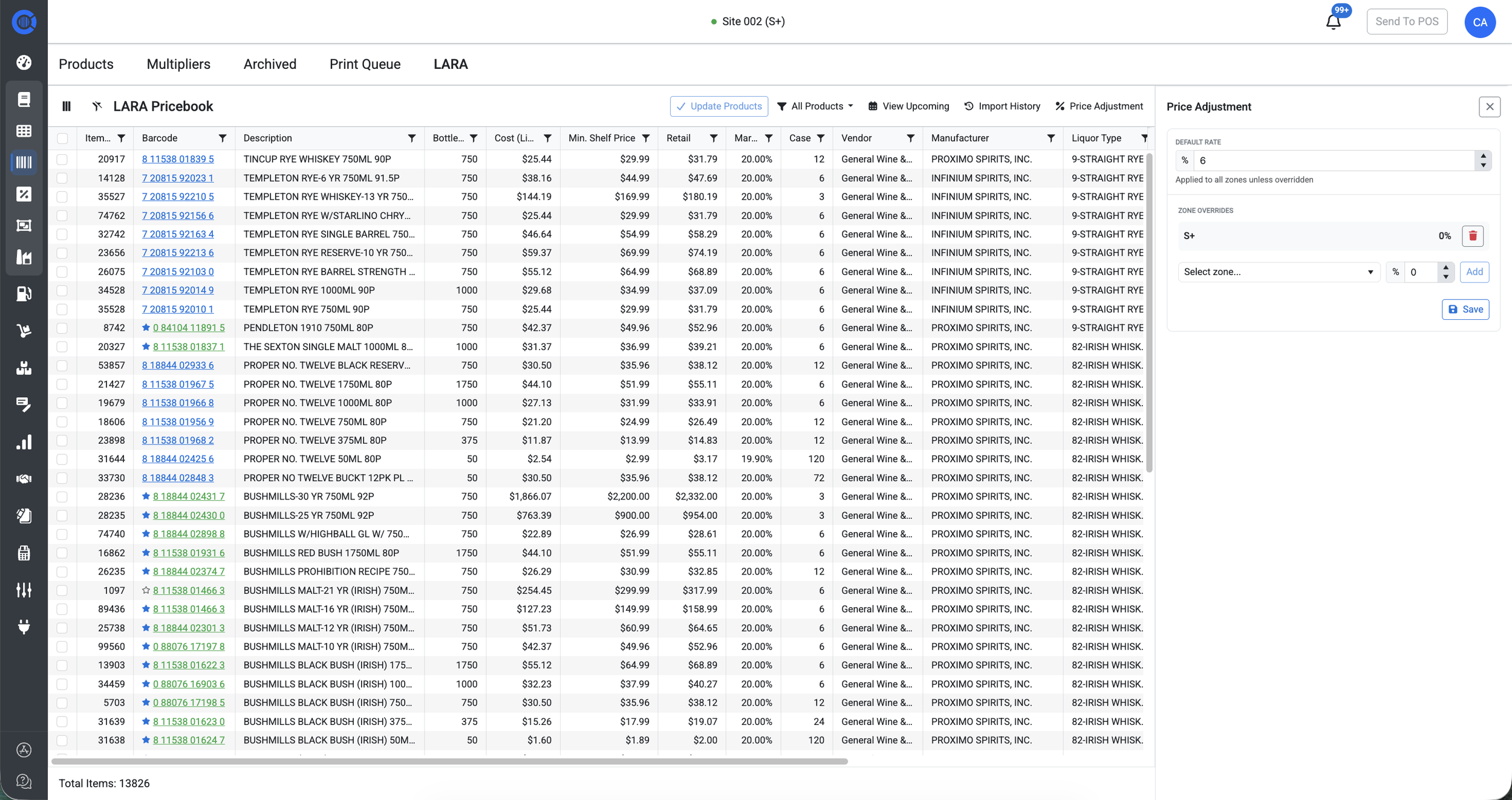 CoreVue LARA pricebook grid for Michigan liquor retailers showing alcohol products with barcode, size, cost, and retail price, with an open Price Adjustment sidebar for managing default and zone-specific pricing rules with automatic recalculation