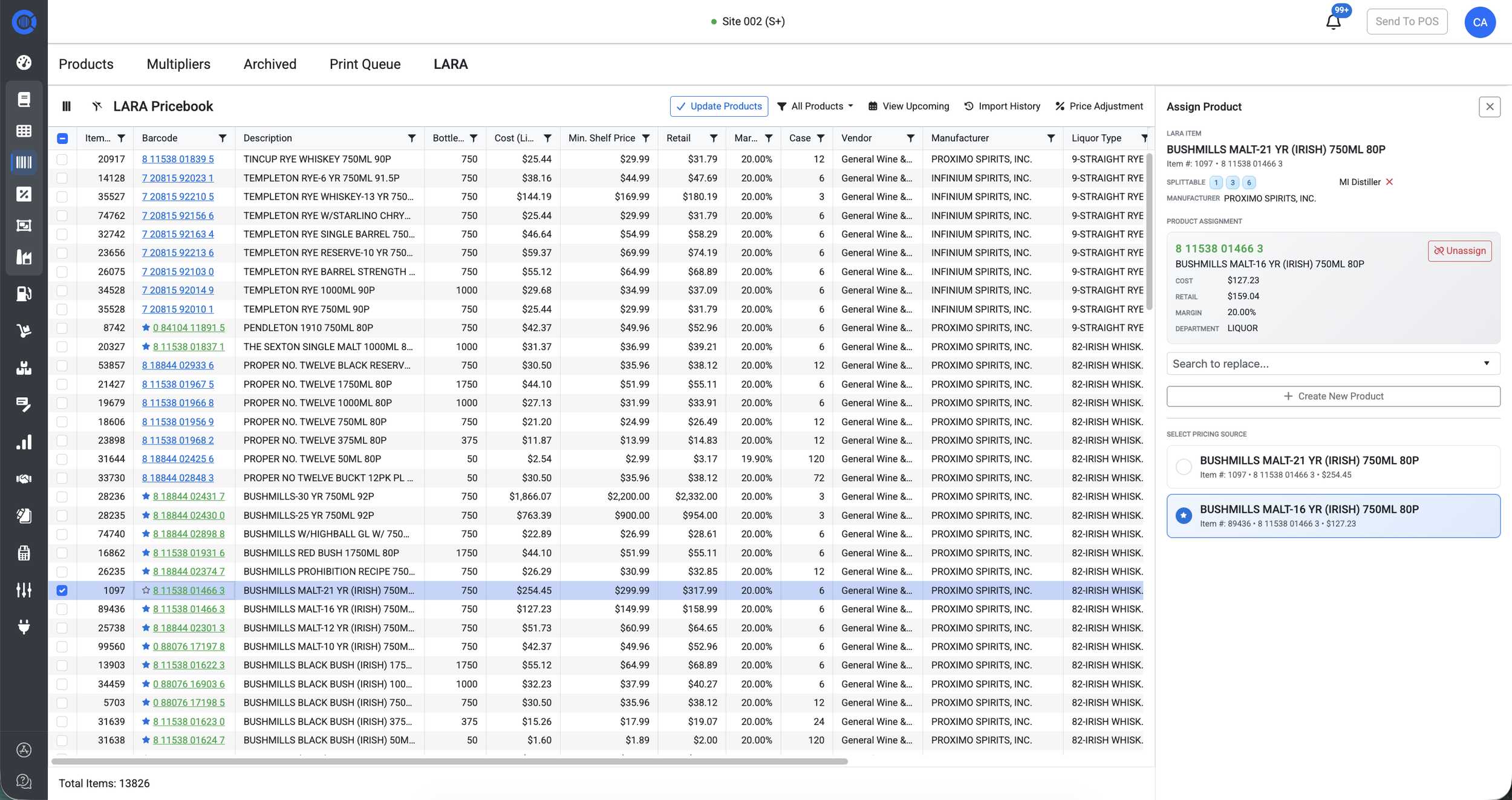 CoreVue LARA pricebook grid for Michigan liquor retailers showing alcohol products with barcode, size, cost, and retail price fields, with an open Select Pricing Source sidebar for choosing active pricing source and managing duplicates