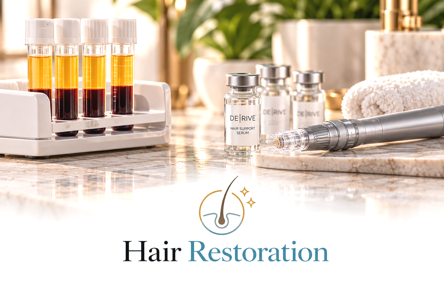 A set of hair restoration products including test tubes with blood and plasma, vials labeled DE|RIVE Hair Support Serum, a heand piece, a rolled towel and a logo depicting a hair follicle with sparkles, on a marble surface with a blurred background.
