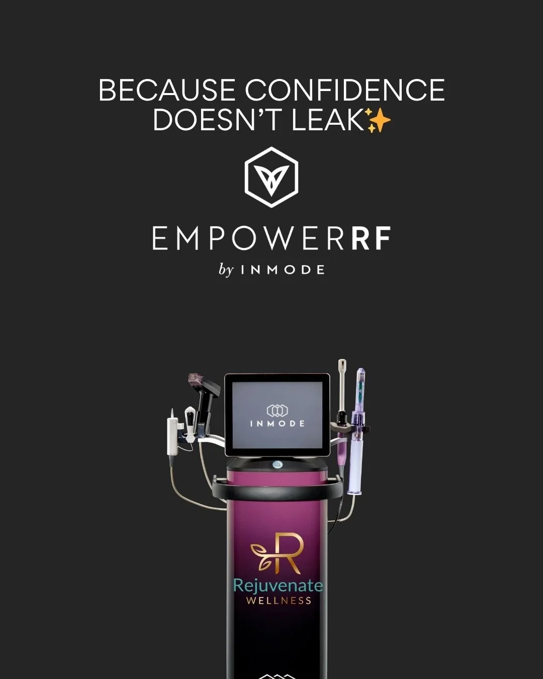 A medical device with a black and pink color scheme and a touchscreen monitor displaying the 'INMODE' logo. The device has a cylindrical body with wheels for mobility, labeled 'EMPOWER RF by INMODE'.