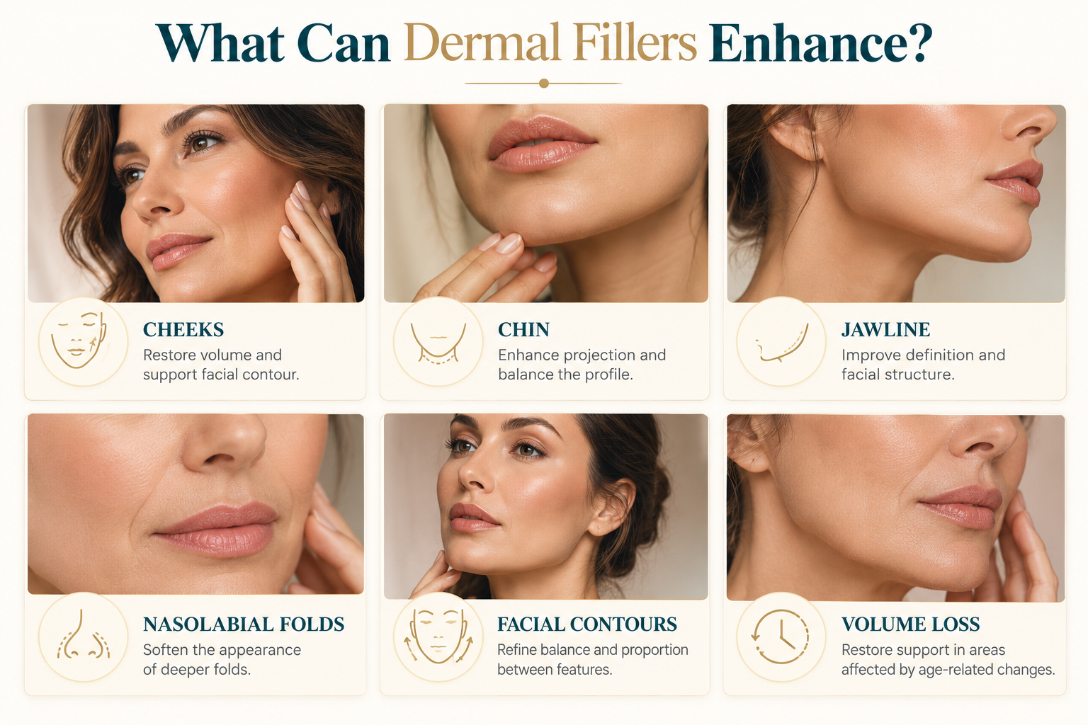 Enhancements include cheeks, chin, jawline, nasolabial folds, facial contours and volume loss