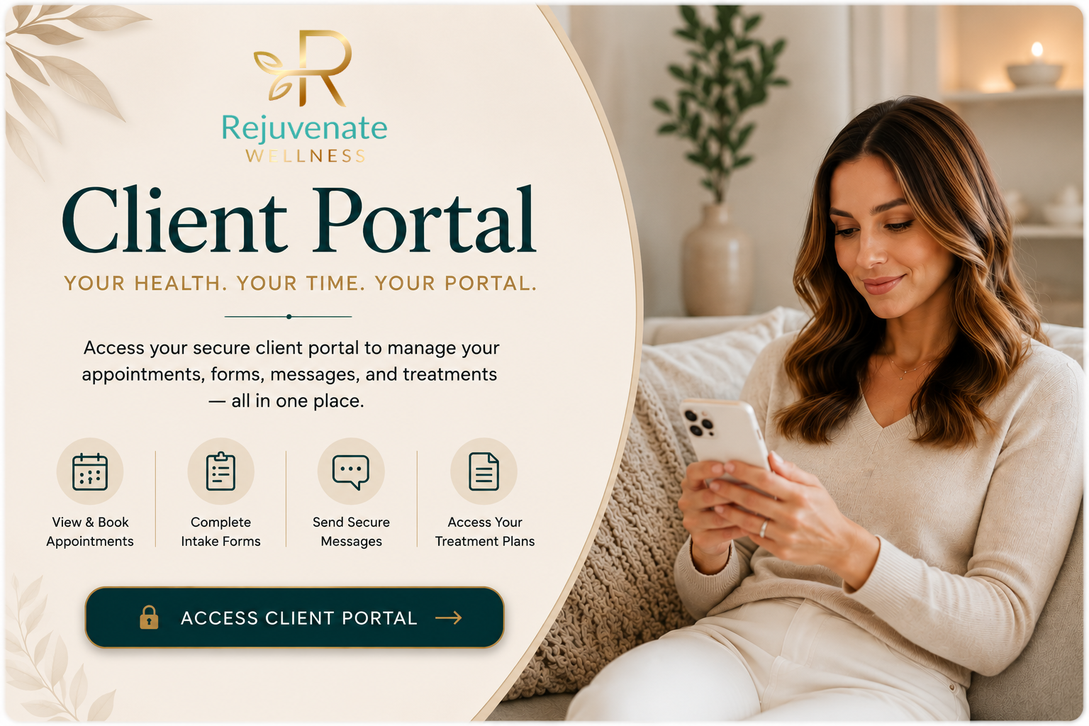 Client portal access to personal profile, appointments, forms, messages and treatments