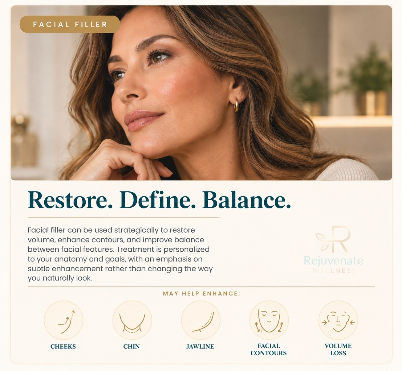 Facial filler may enhance cheeks, chin, jawline, facial contours or volume loss