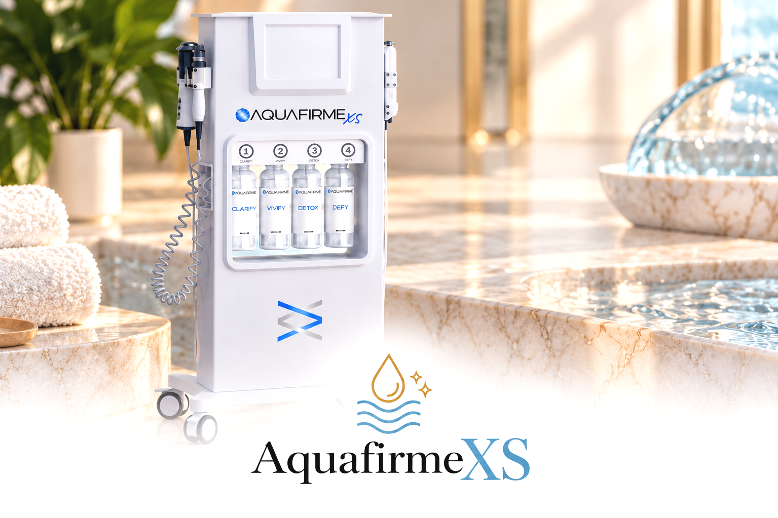 AquafirmeXS machine with four labeled bottles and two attached pens, placed on a marble countertop next to towels and a water feature in a spa setting.