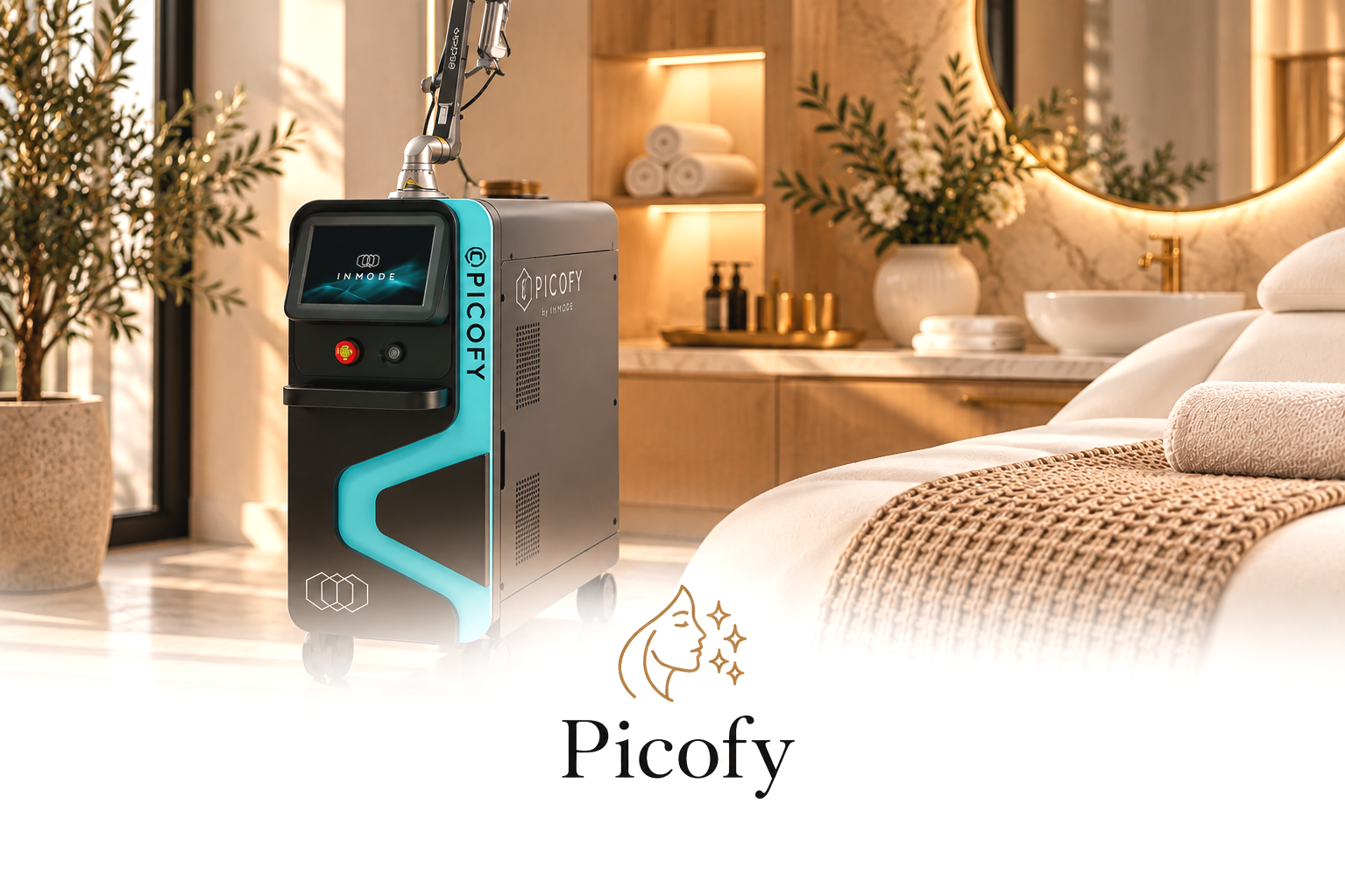Picofy device by InMode in a luxurious bedroom setting with a bed, decorative pillows, a mirror, and a cabinet with towels and toiletries.