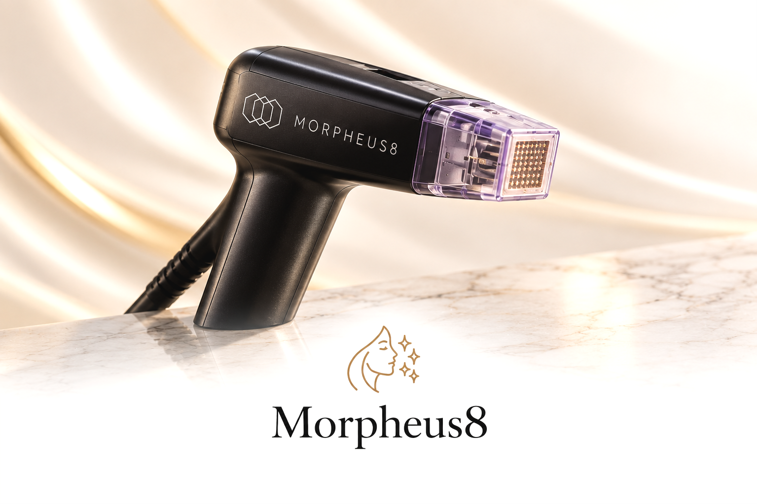 Morpheus8 hand piece resting on a marble surface with a gold and white background.