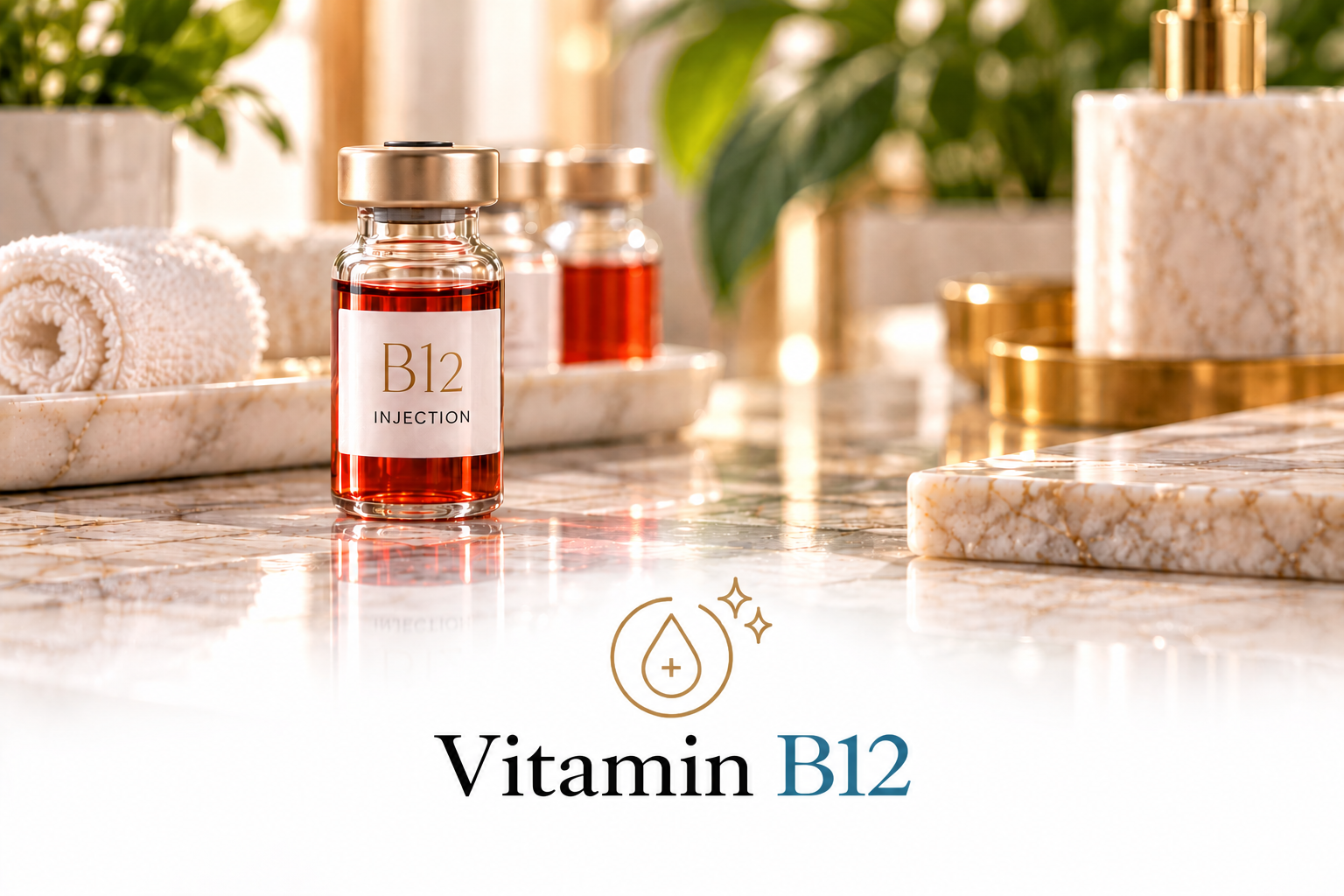 A marble countertop with a small glass vial labeled 'B12 INJECTION' filled with a red liquid. Behind the vial are more vials of the same kind. To the left, a rolled white towel and to the right, decorative items including a marble tray and a jar. Green plants are in the background. The text 'Vitamin B12' with a droplet and sparkle icon beneath it.