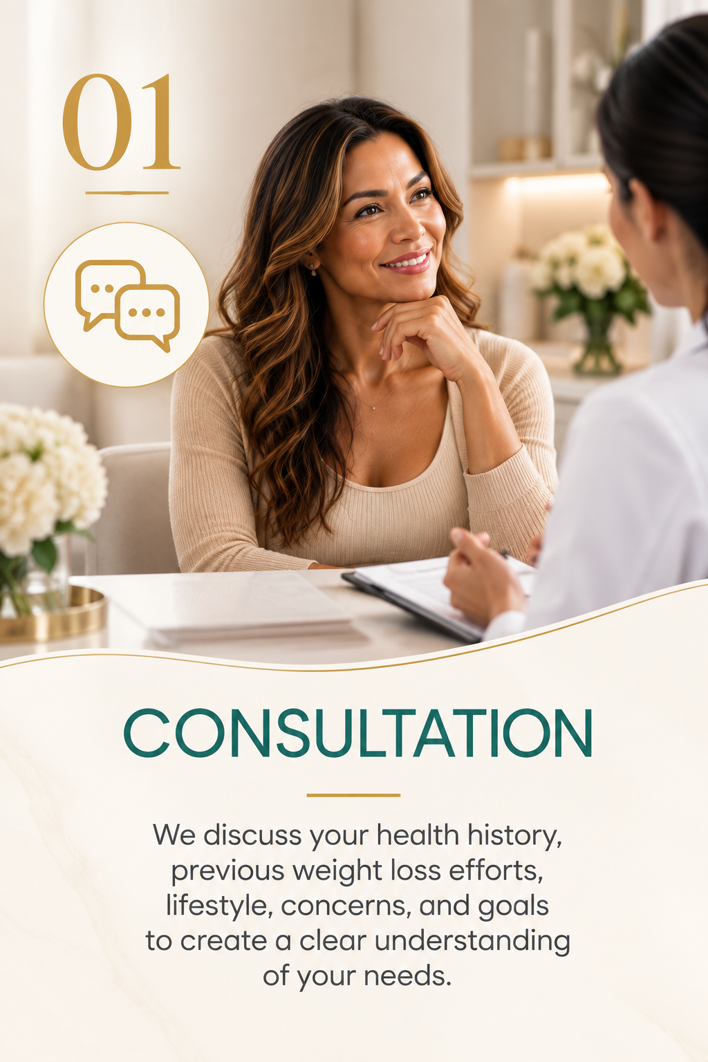 Weight loss consultation discussing health, weight loss efforts, lifestyle, concerns and goals