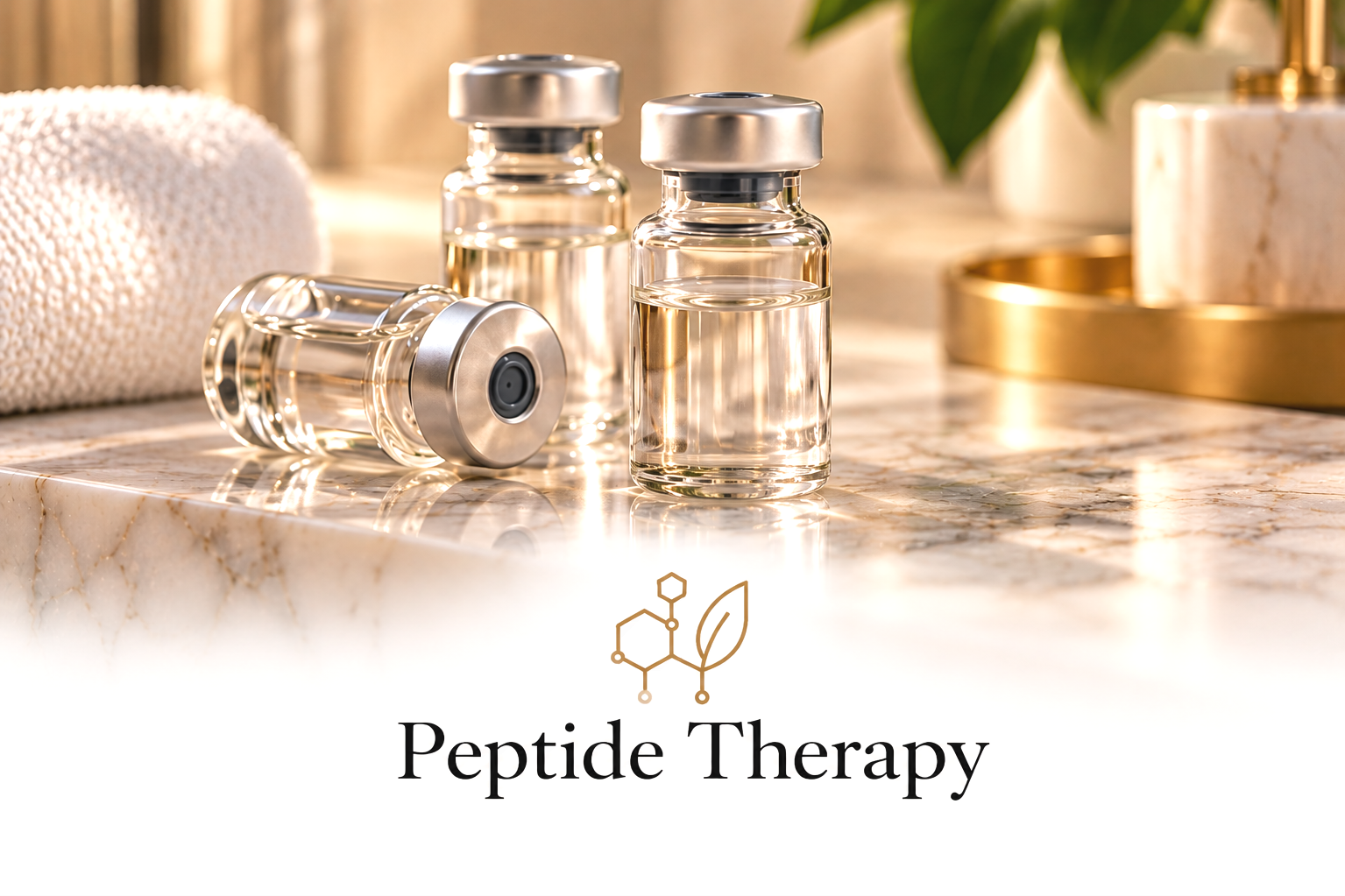 Three glass vials filled with clear liquid on a marble surface, with the text 'Peptide Therapy' and a molecular icon in gold below.
