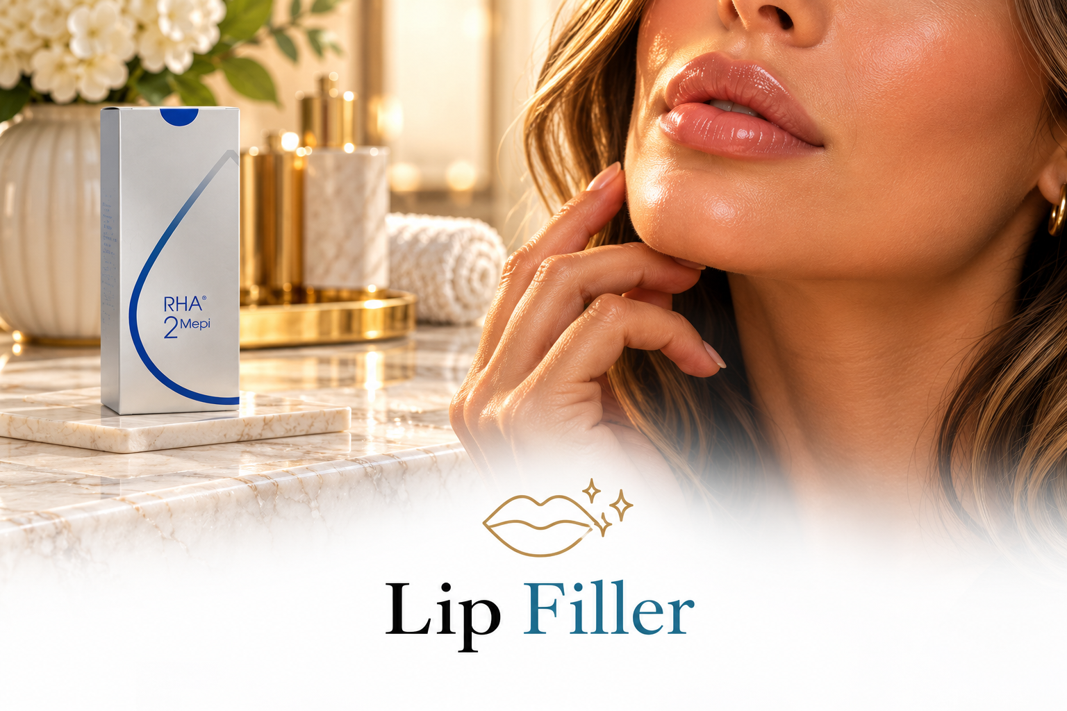 Close-up of a woman with glossy lips touching her chin, with a box of lip filler product labeled "RHA 2 Mepi" on a marble surface in a luxurious setting.
