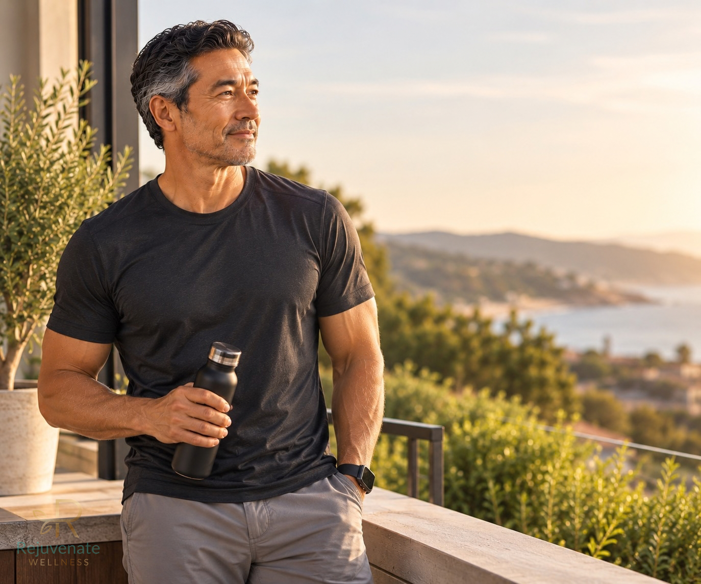 Middle aged man on the porch enjoying the view