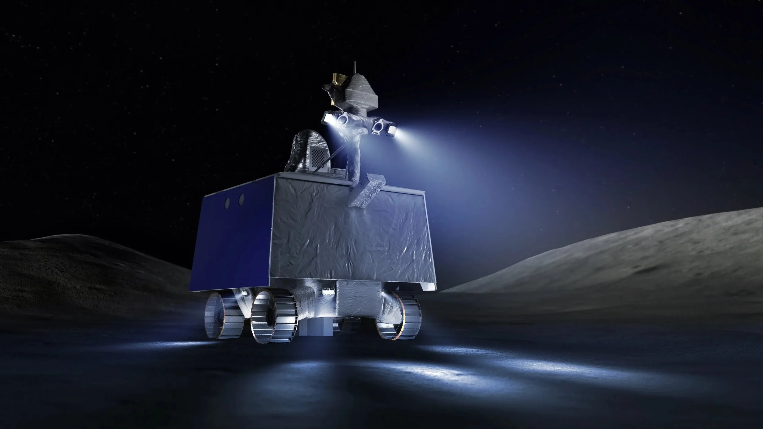 A robotic lunar rover on the moon with a spotlight illuminating the lunar surface, against a starry sky.