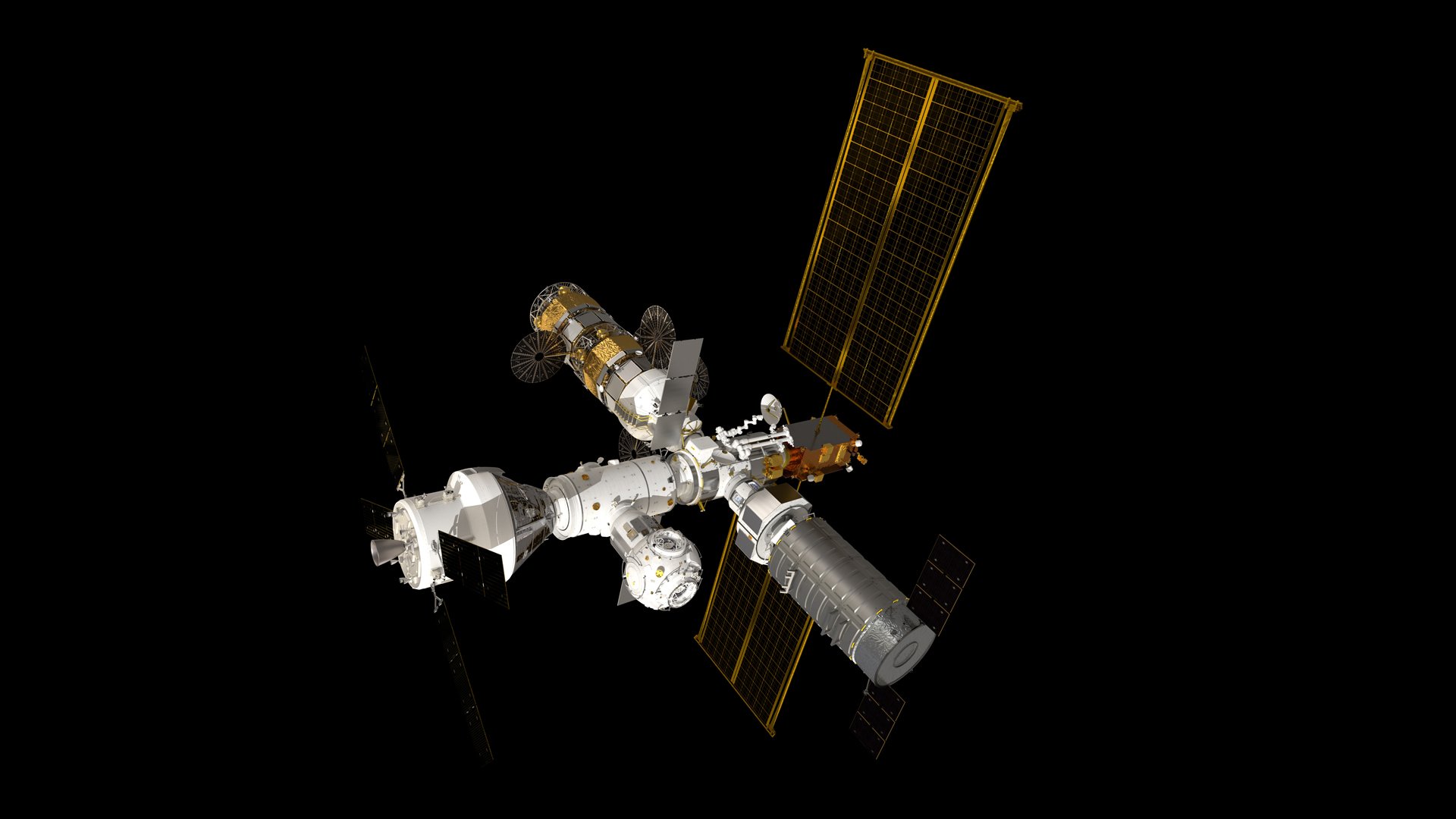 The image shows a space station orbiting in the darkness of space, with solar panels, modules, and various equipment visible.