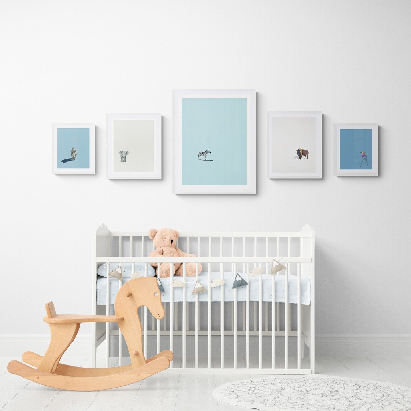 I recently had the pleasure of helping someone choose prints for their nursery 🫶🏽 The grey elephant had been gifted to them and they were looking for more prints in the same size. I designed some mock ups, and they ended up choosing four more print