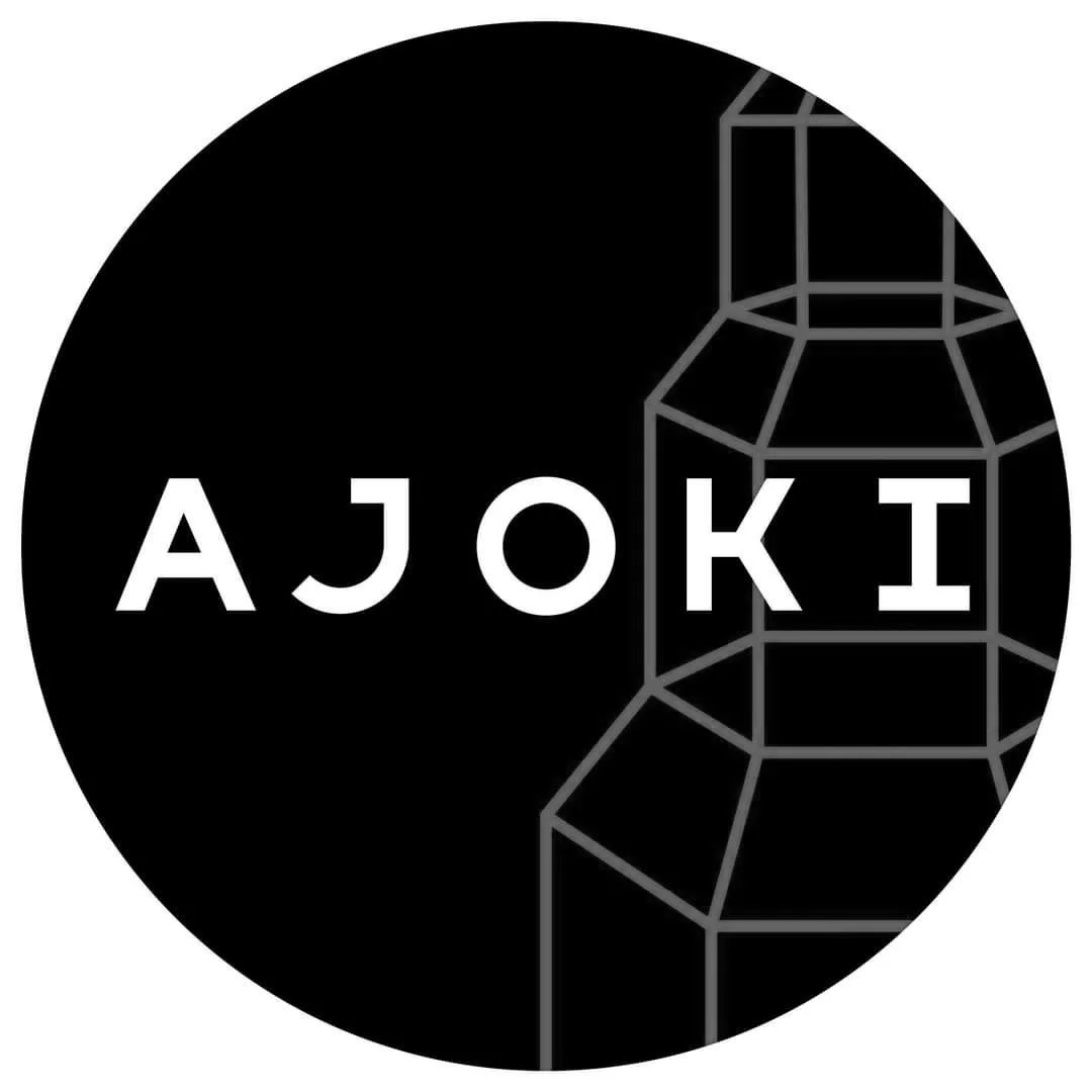 Black circular logo with the word 'AJOKI' and a geometric outline of a bottle on the right side in white lines.
