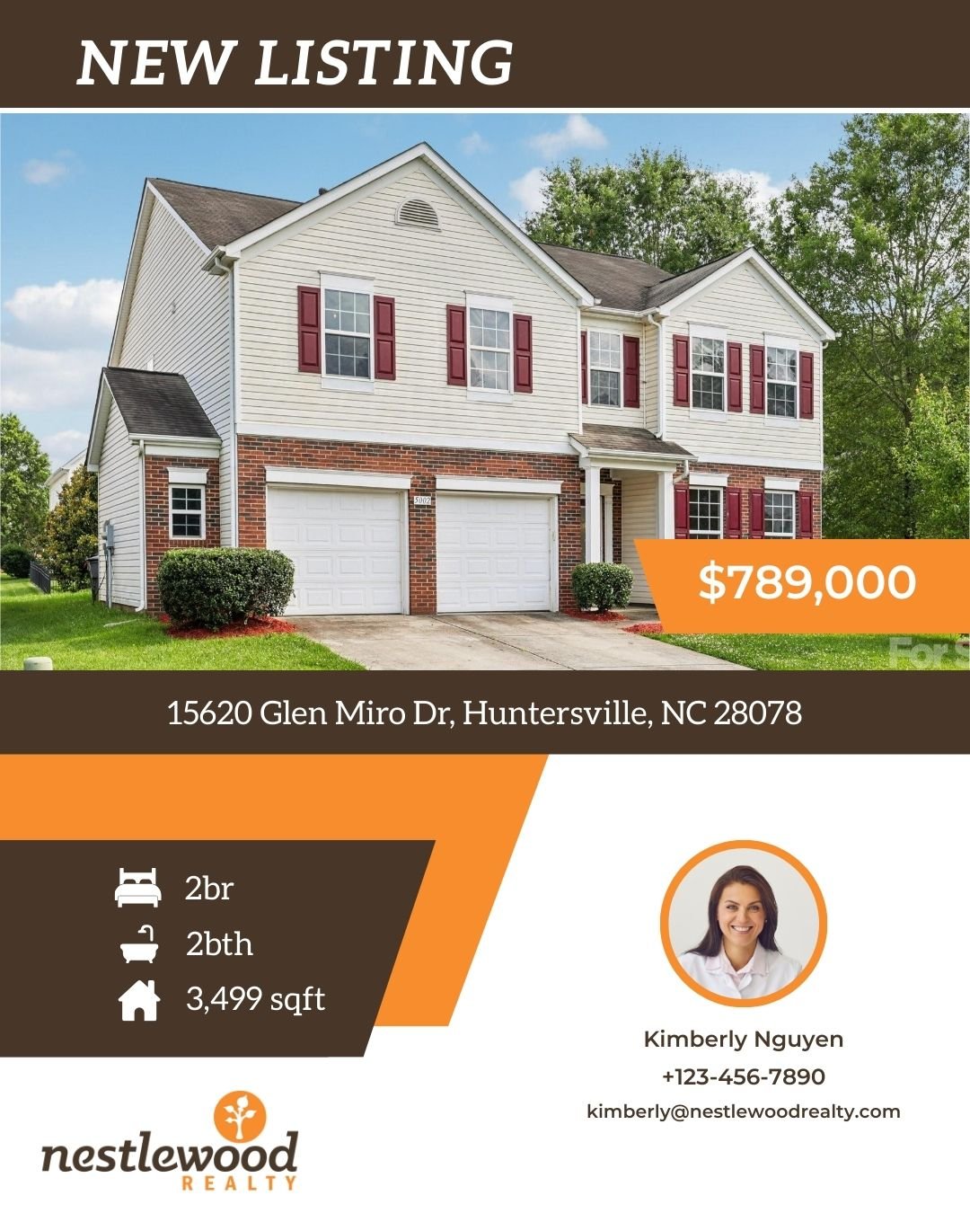 Real estate listing flyer featuring a house with white siding, red shutters, and a two-car garage, priced at $789,000, located at 15620 Glen Miro Dr, Huntersville, NC 28078. The house has 2 bedrooms, 2 bathrooms, and 3,499 square feet. Contact information for Kimberly Nguyen at Nestlewood Realty is provided.