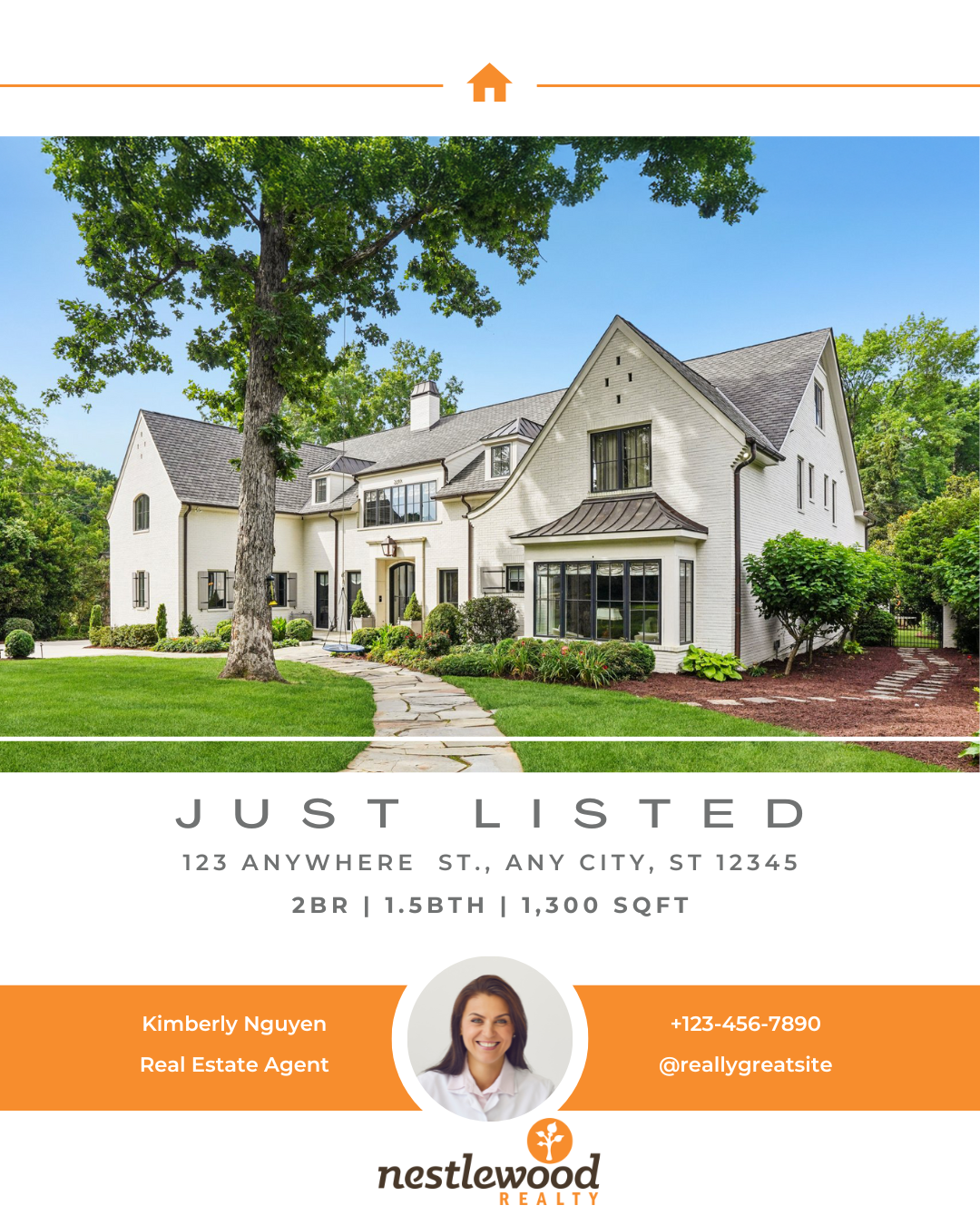 Real estate listing flyer featuring a large white house with a stone pathway, green lawn, and trees in the background. The flyer includes details for a property just listed, with agent contact information, and the logo for Nestlewood Realty.