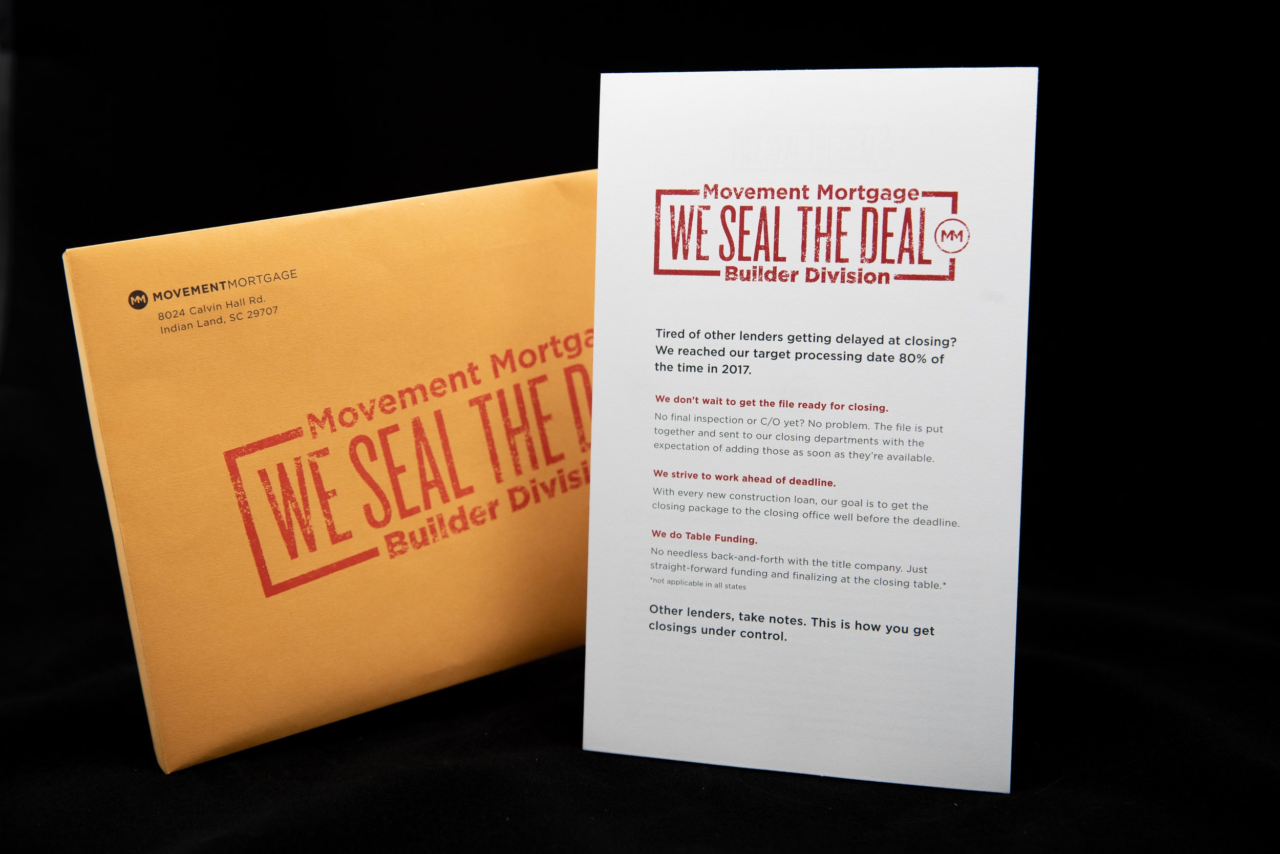 Movement Mortgage envelope and document promoting fast processing and closing services for loans, emphasizing efficiency and timely closures.