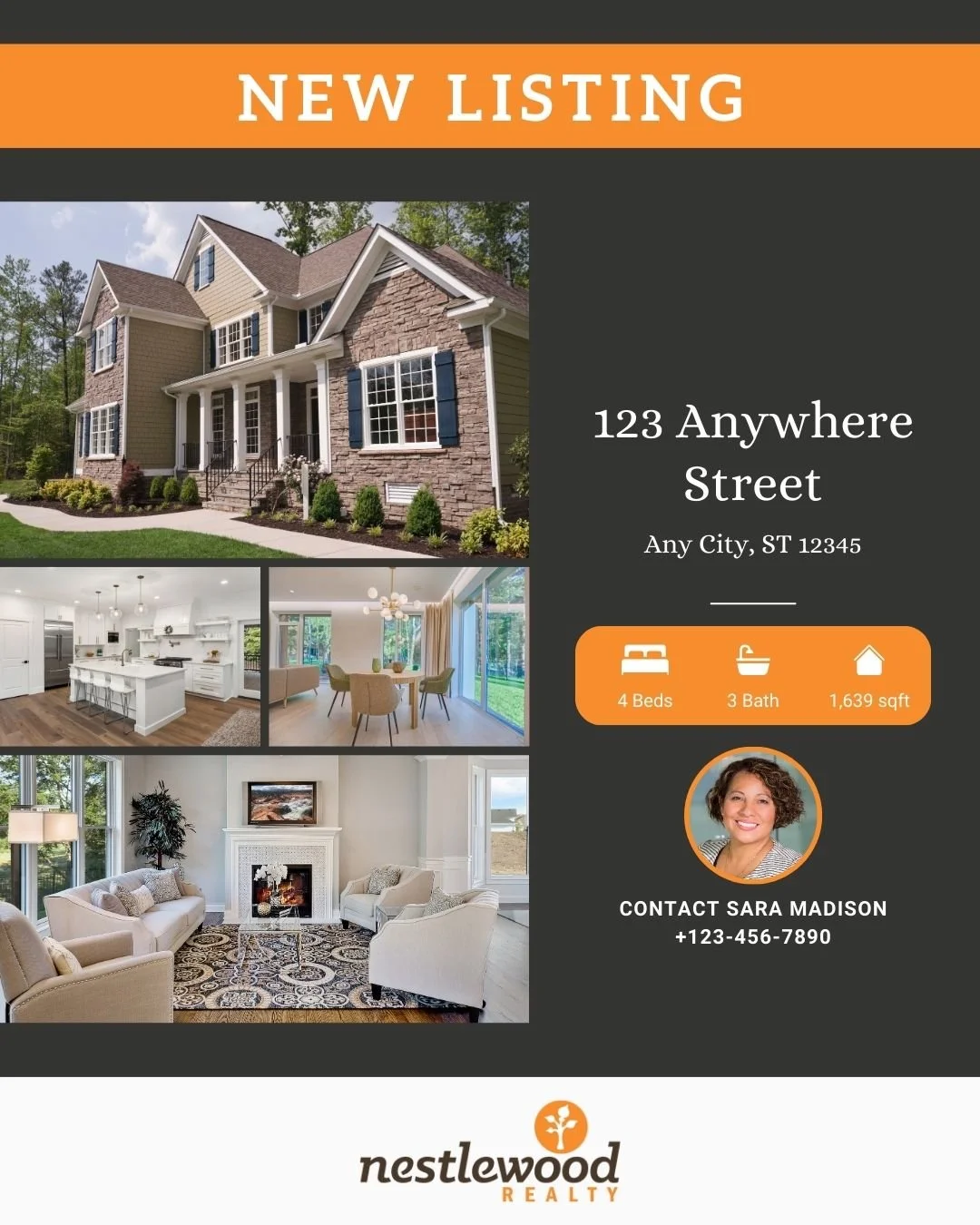 Real estate advertisement for a house listing showing the exterior front of a house, interior kitchen, dining, and living room, with details about the property including 4 bedrooms, 3 bathrooms, 1,639 square feet, and contact information for Sara Madison. The listing is by Nestlewood Realty.