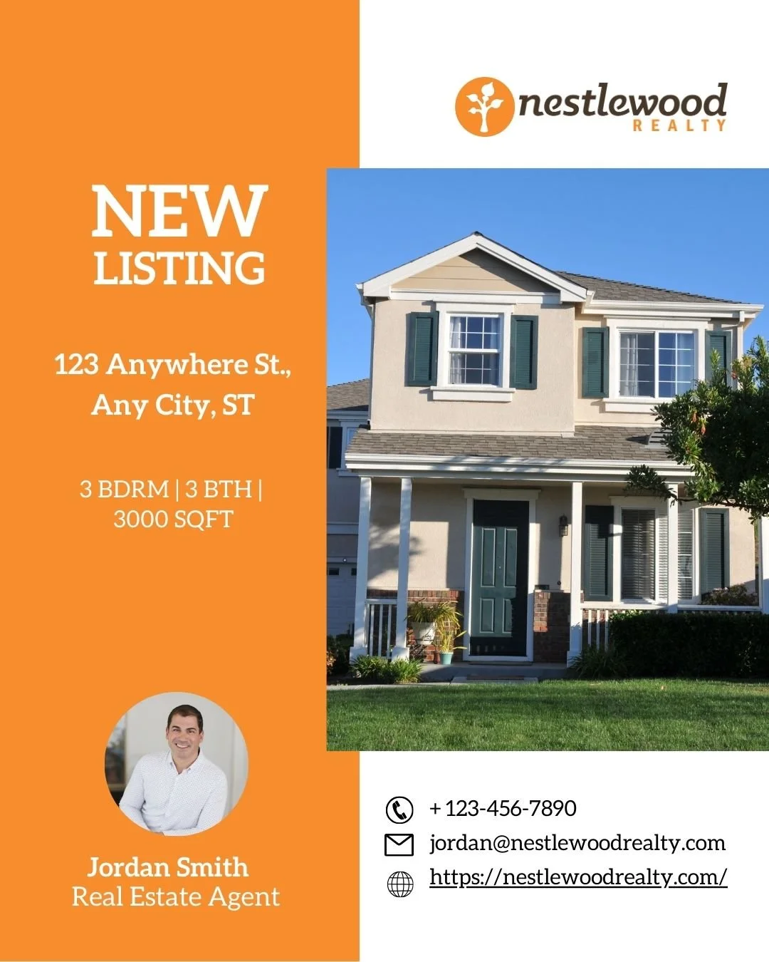 Real estate listing flyer for a house at 123 Anywhere St., Any City, ST, featuring a two-story home with a green front door, multiple windows, a small front porch with white columns, and a front yard with grass and plants. The flyer includes the Nestlewood Realty logo, new listing information, agent contact details, and a photo of Jordan Smith, the real estate agent.