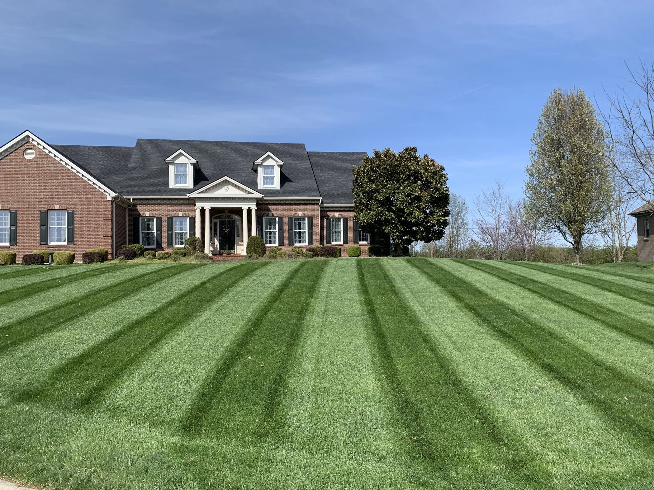 A large brick house with black shutters, a front porch with columns, and a well-manicured lawn with striped grass, trees, and a clear blue sky.