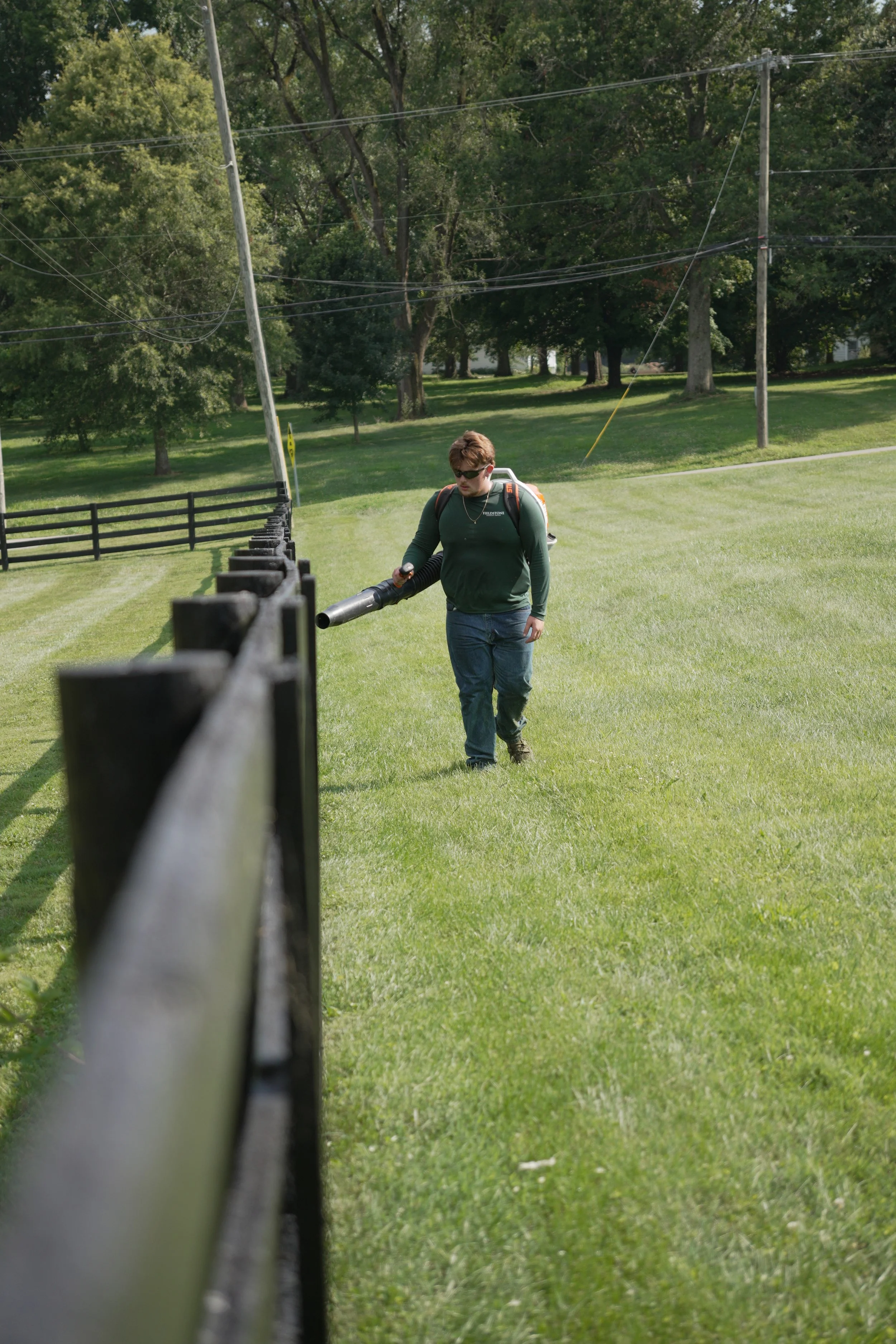 A person wearing sunglasses, a green long-sleeved shirt, and jeans, carrying a leaf blower while walking along a grassy area next to a black fence, with trees and power lines in the background on a sunny day.