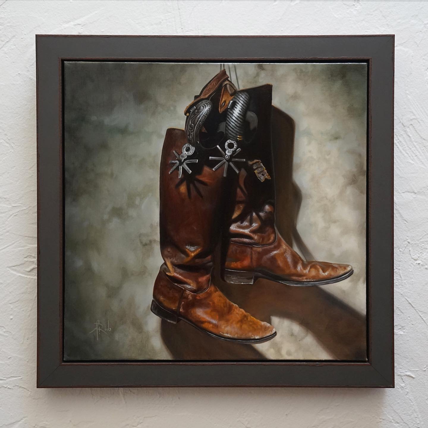 New piece finished and heading to @sagecreekgallery in Santa F&eacute; - 18&rdquo;x18&rdquo; oil on canvas. I bought these old soldier boots and spurs at the Old West Show in AZ a couple years ago. The boots are almost 100 yrs old and the spurs are e