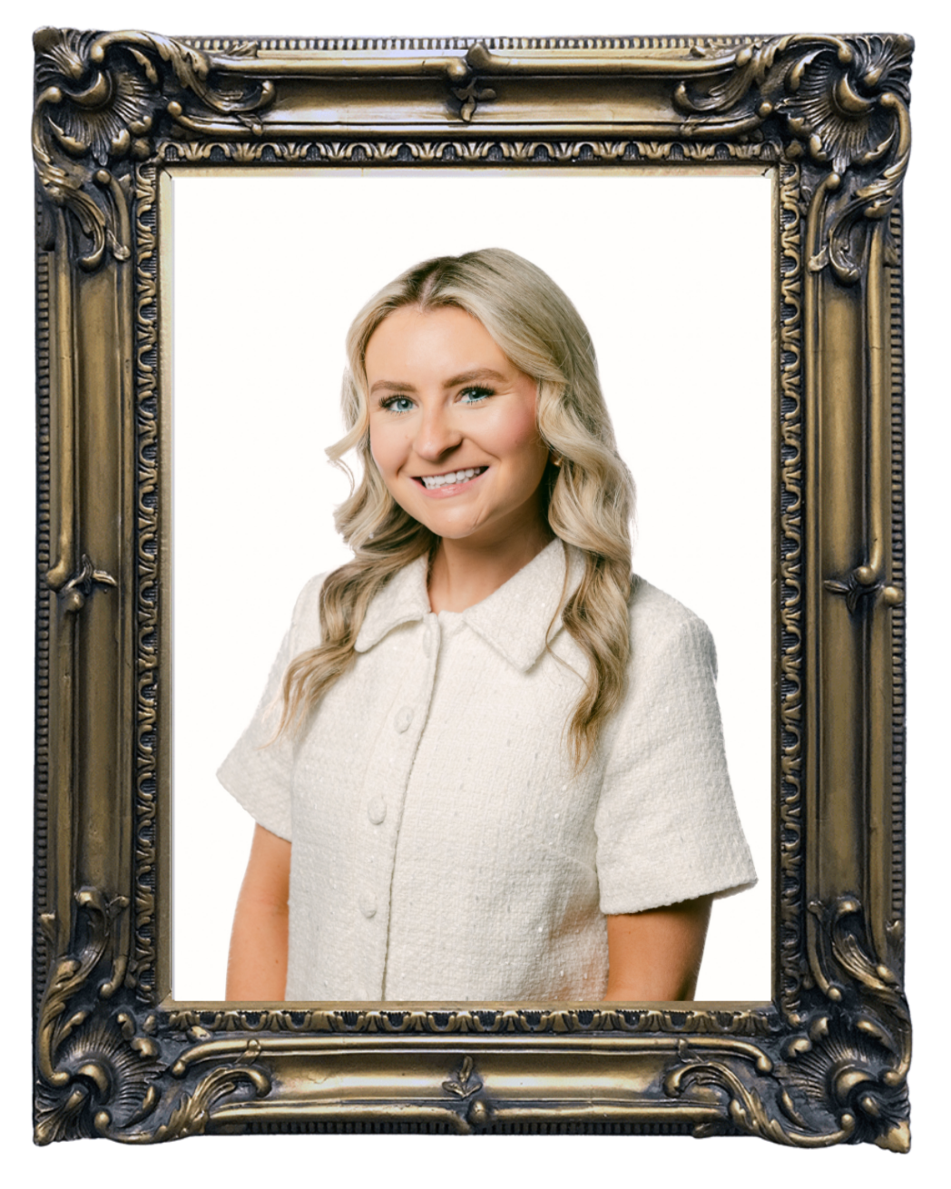 Framed portrait of Taylor Stefaniak with blonde hair wearing a white blouse standing against a plain background.