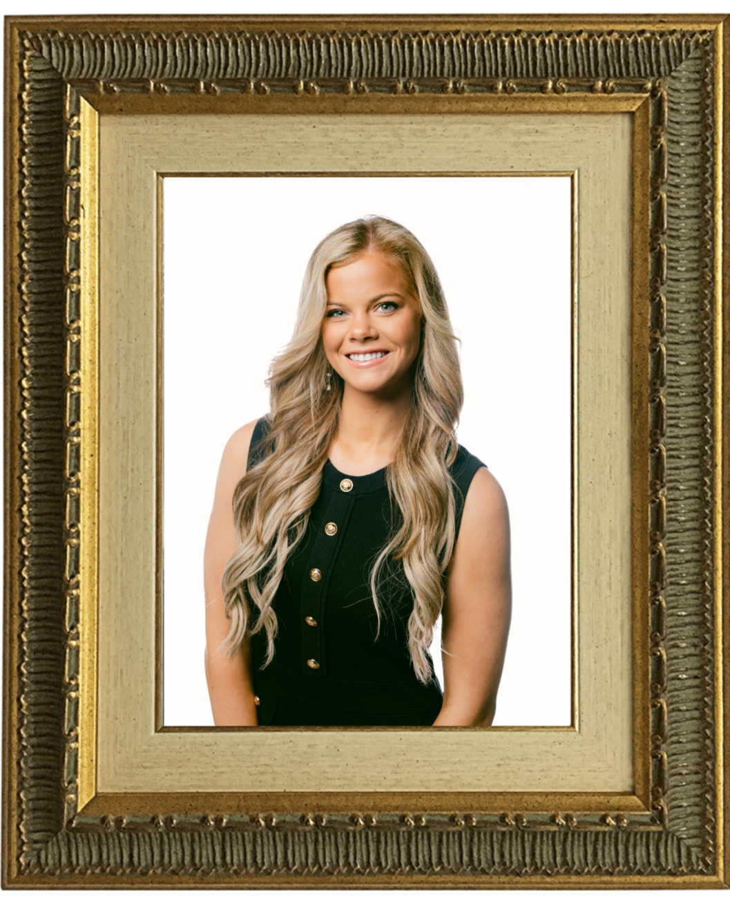 Framed portrait of Maci Martens with long blond hair wearing a black shirt standing against a plain background.