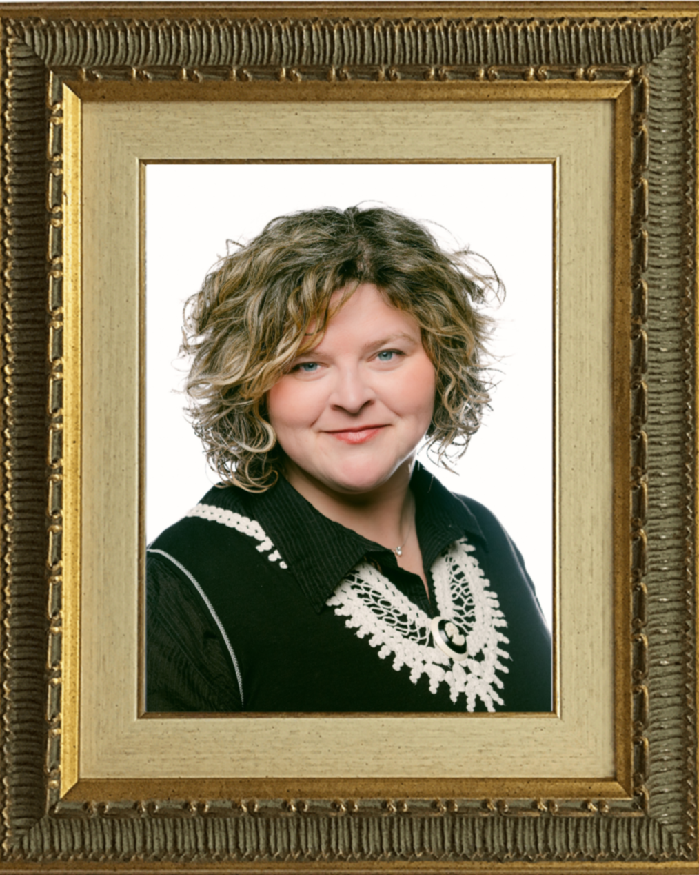 Framed portrait of Mandy Majerik with a white collar. curly hair, wearing a black shirt
