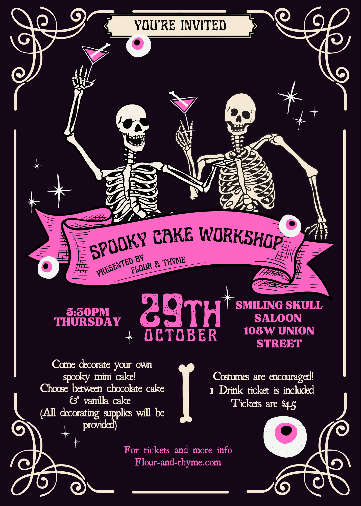 Pink and Black Vintage Retro Cute Skeleton  Party Invitation.png