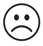 Black and white sad face emoji with a curved frown and dot eyes.