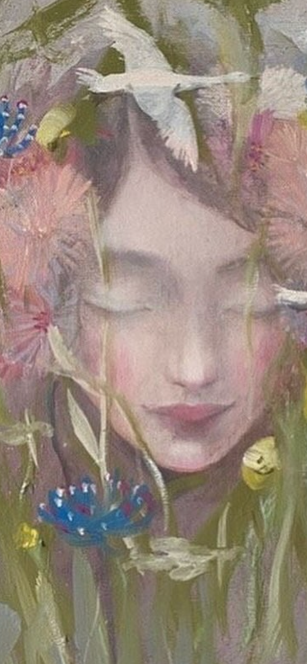 An artistic painting of a woman's face with her eyes closed, surrounded by colorful flowers and a bird, creating a dreamy floral scene.