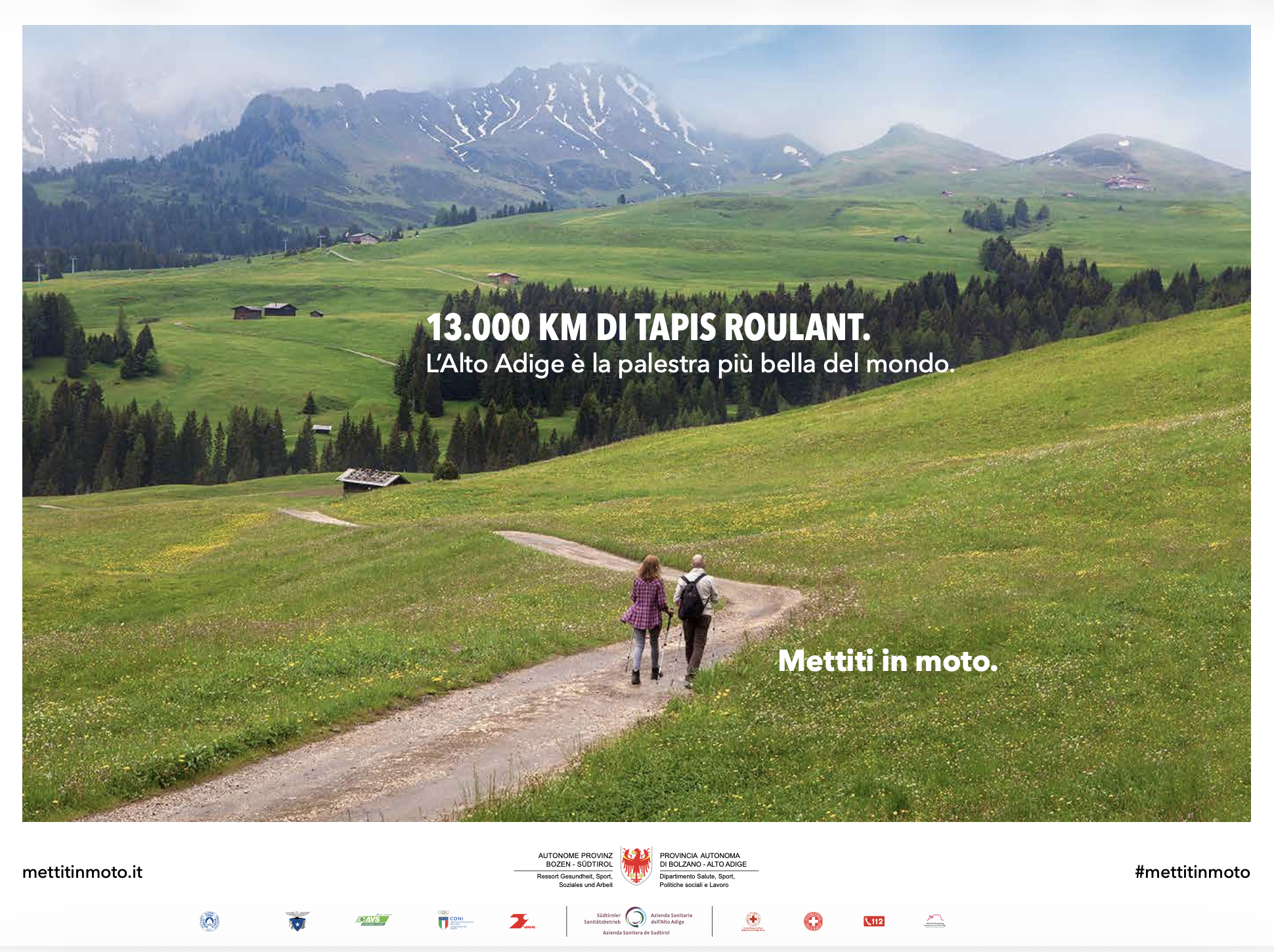 Couple hiking through alpine meadows in South Tyrol, public health behaviour change campaign for Provincia di Bolzano by STORO