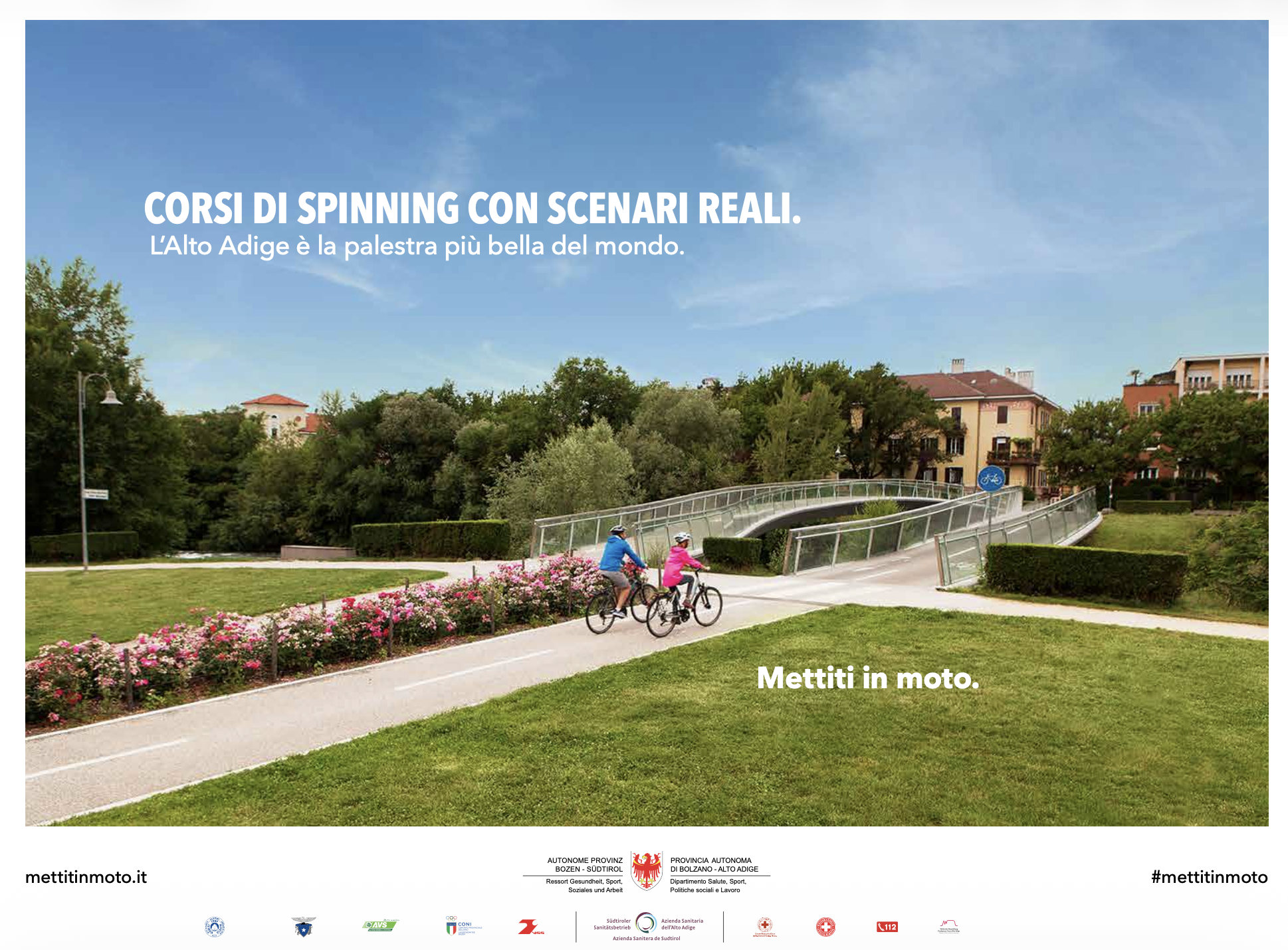 Couple cycling through South Tyrol park in summer, public health outdoor activity campaign for Provincia di Bolzano by STORO